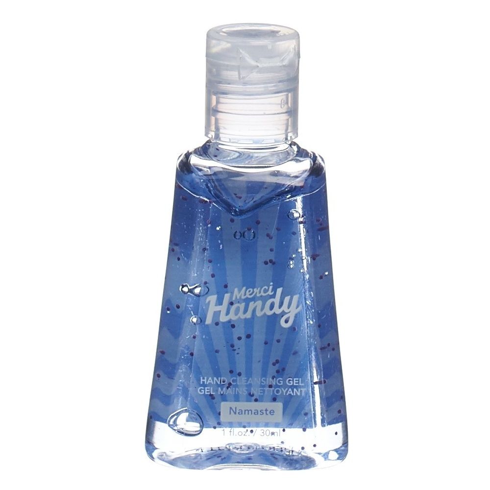Klarer Behälter mit blauem Gel und Glitzer. Aufschrift "Merci Handy" und "Namaste".