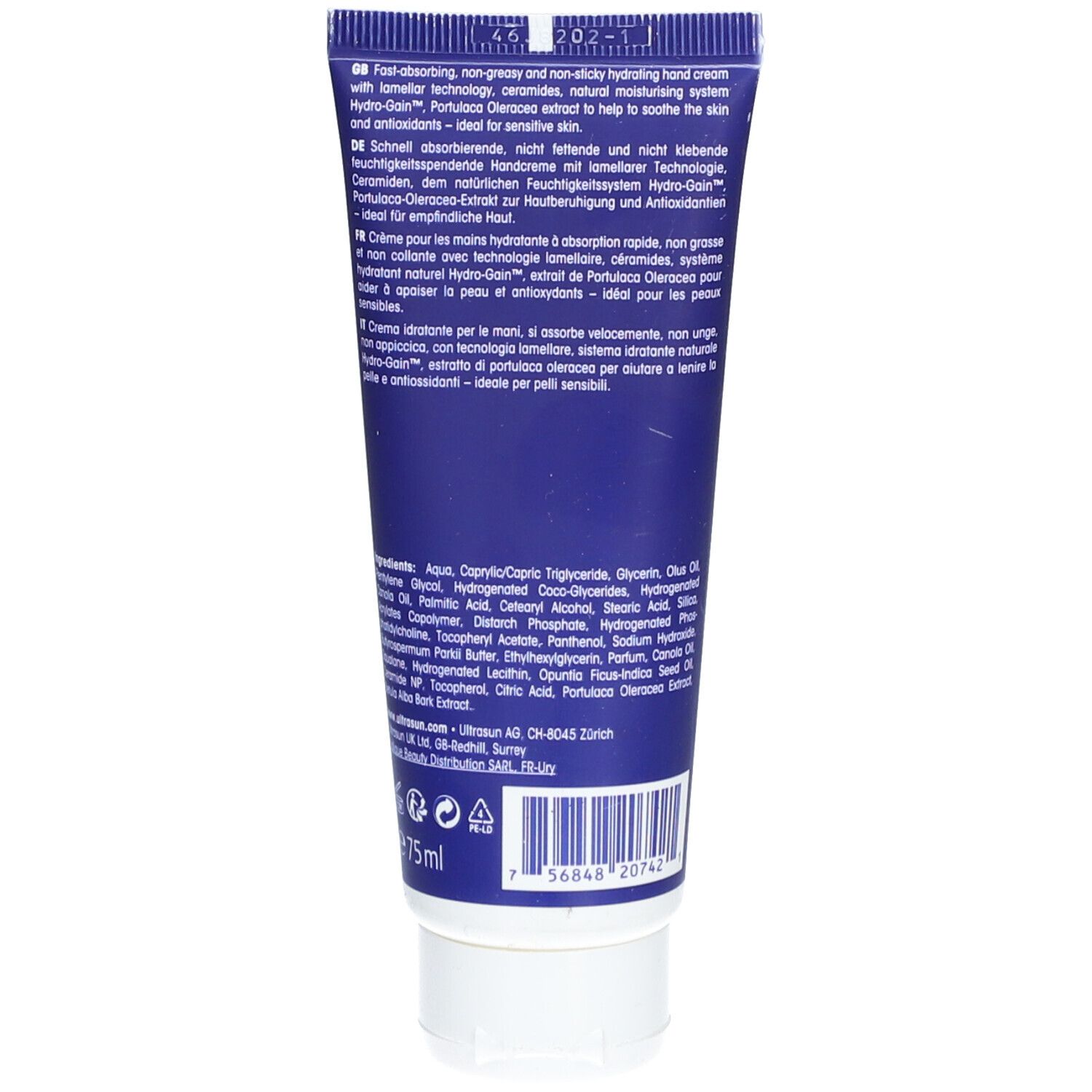 Rückseite der Handcreme-Tube. Blaue Schrift auf weißem Grund. Text in Deutsch und Englisch.