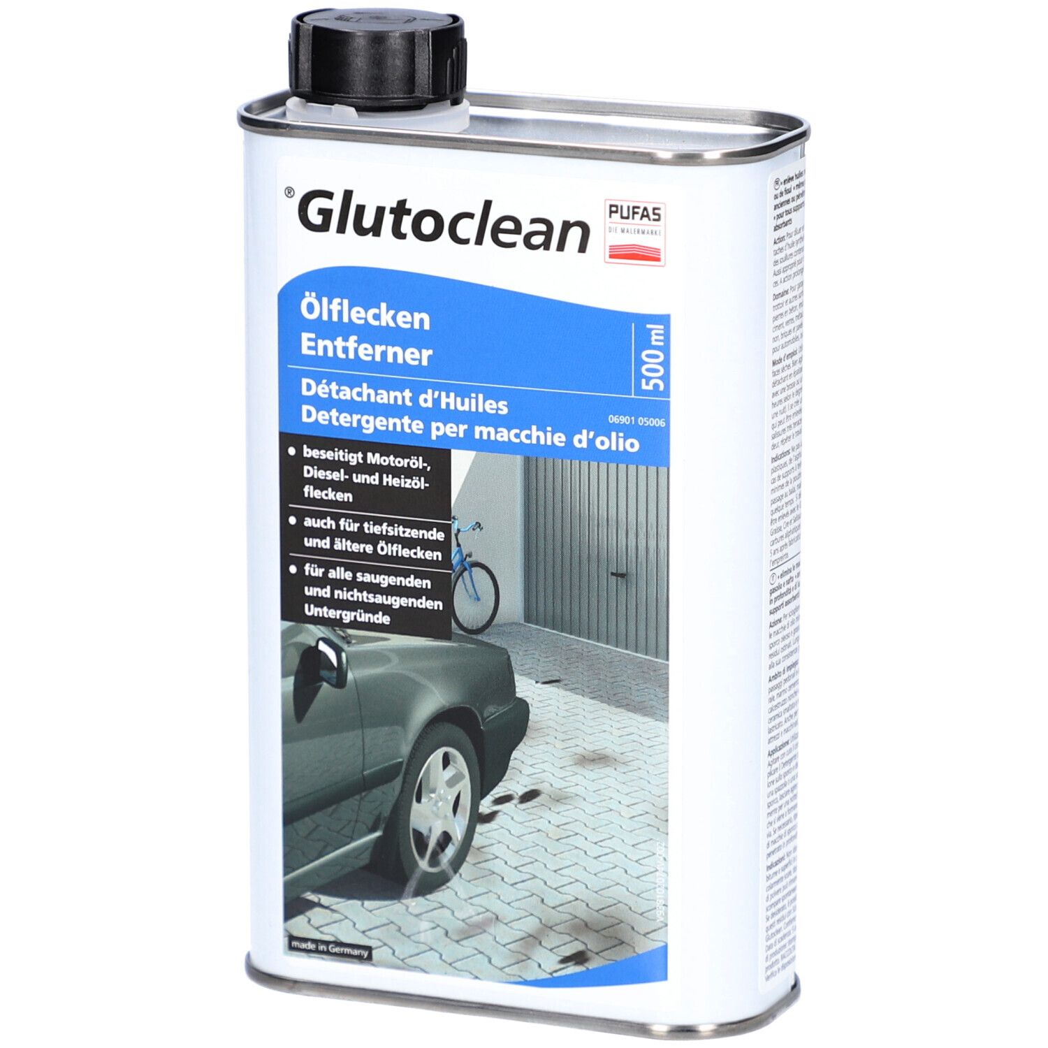 Metallkanister mit schwarzem Deckel. Aufschrift 'Glutoclean Ölflecken Entferner'. Enthält 500 ml. Produktabbildung mit Auto und Garage.