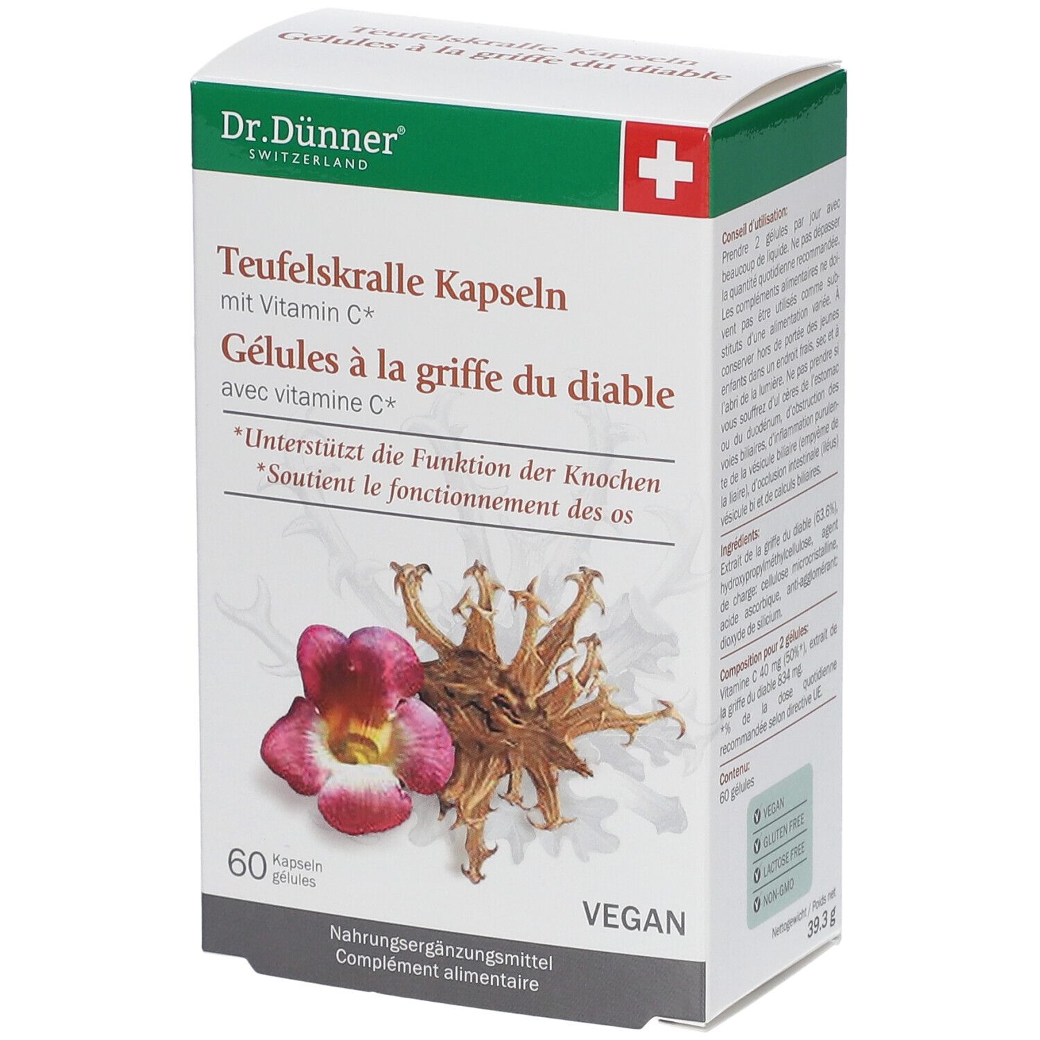 Kapseln-Packung. Aufschrift: Dr. Dünner, Teufelskralle Kapseln, mit Vitamin C. Abbildung von Pflanze und Blüte. 60 Kapseln, vegan.