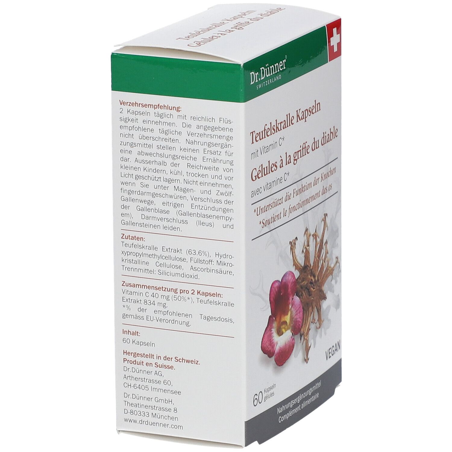 Packung mit Produktinformationen. Aufschrift: Dr. Dünner, Teufelskralle Kapseln. Zutatenliste, Verzehrempfehlung, Inhaltsstoffe. 60 Kapseln, vegan.