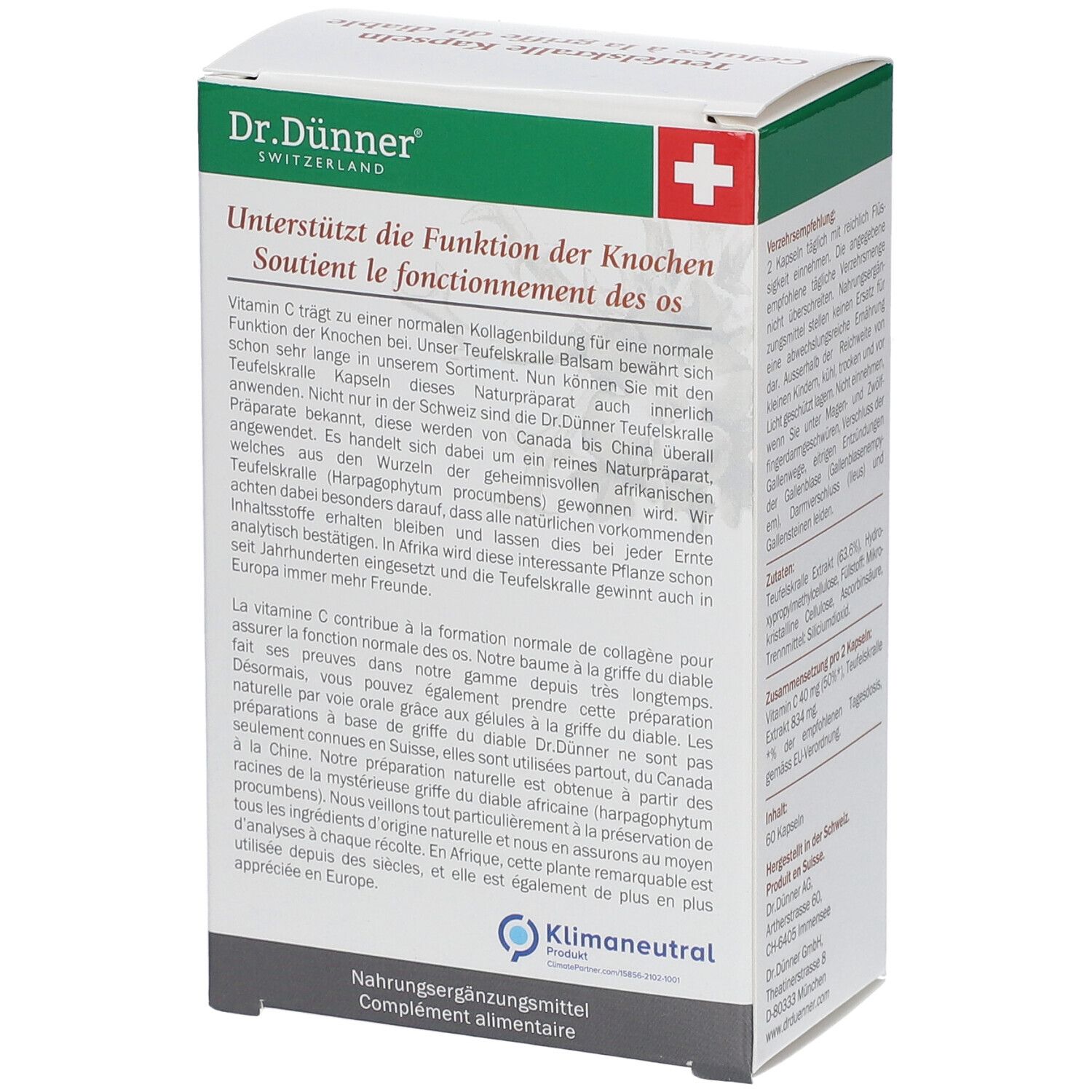 Packungsseite mit Text. Aufschrift: Dr. Dünner, unterstützt die Funktion der Knochen. Text über Inhaltsstoffe und Herkunft. Klimaneutral.