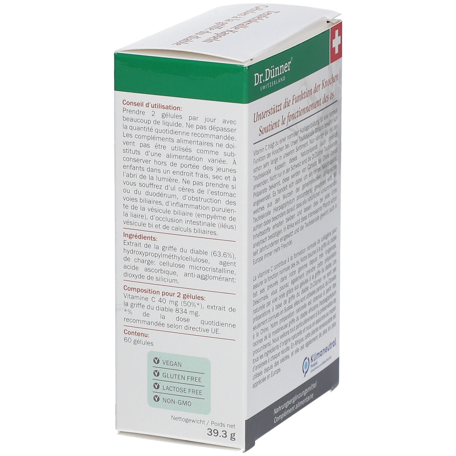 Packungsseite mit Text. Aufschrift: Dr. Dünner, unterstützt die Funktion der Knochen. Gebrauchsanweisung, Inhaltsstoffe. 60 Kapseln, vegan.