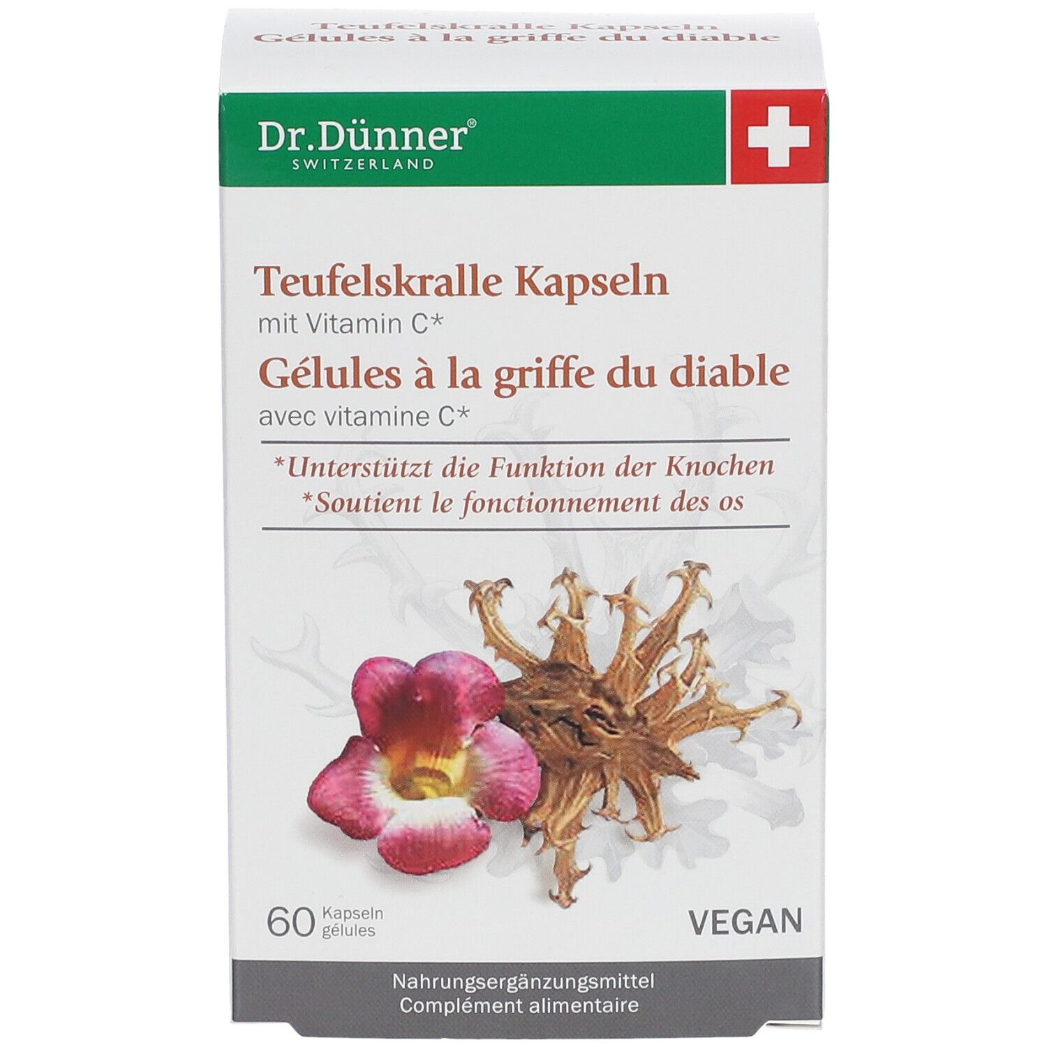 Kapseln-Packung. Aufschrift: Dr. Dünner, Teufelskralle Kapseln, mit Vitamin C. Abbildung von Pflanze und Blüte. 60 Kapseln, vegan.