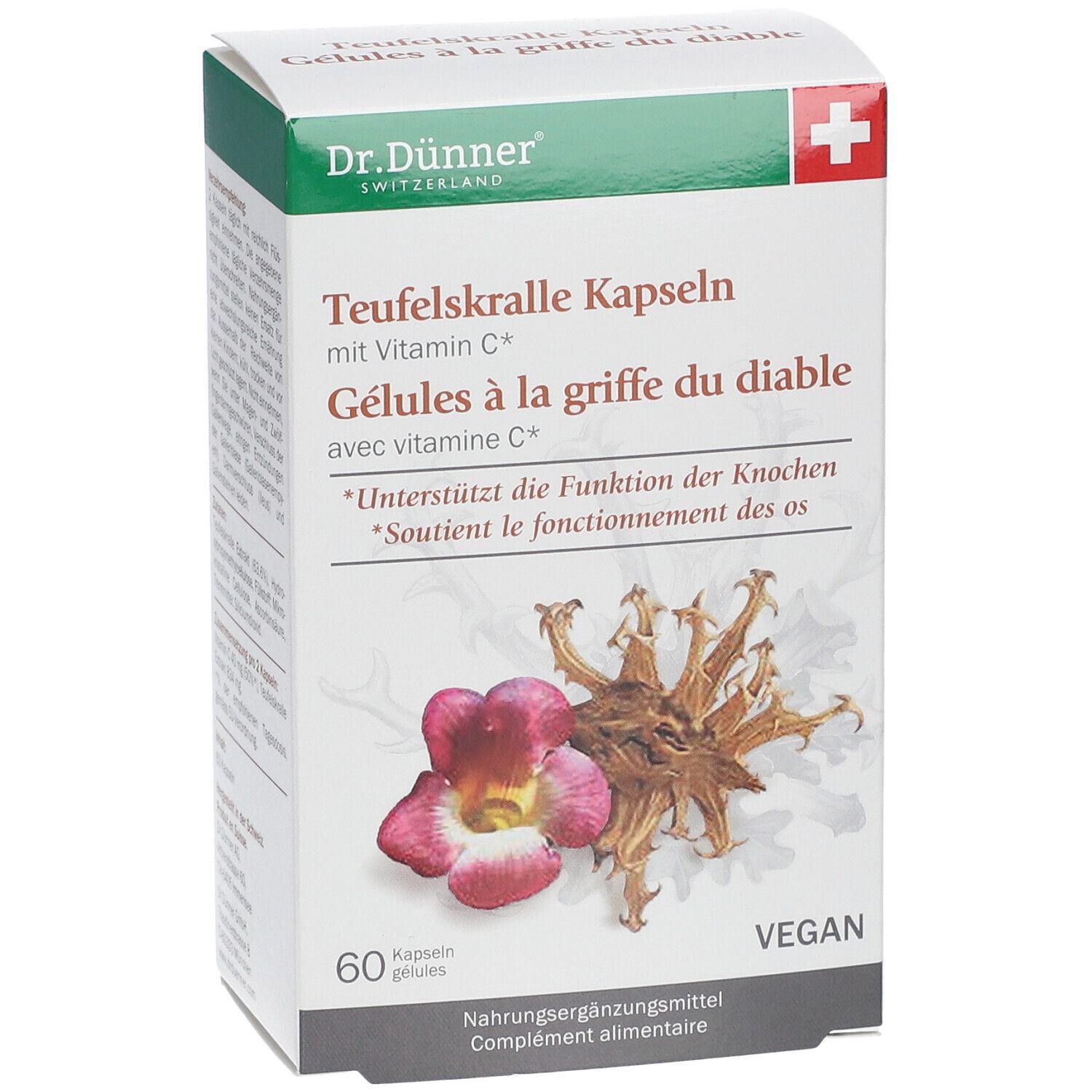 Kapseln-Packung. Aufschrift: Dr. Dünner, Teufelskralle Kapseln, mit Vitamin C. Abbildung von Pflanze und Blüte. 60 Kapseln, vegan.