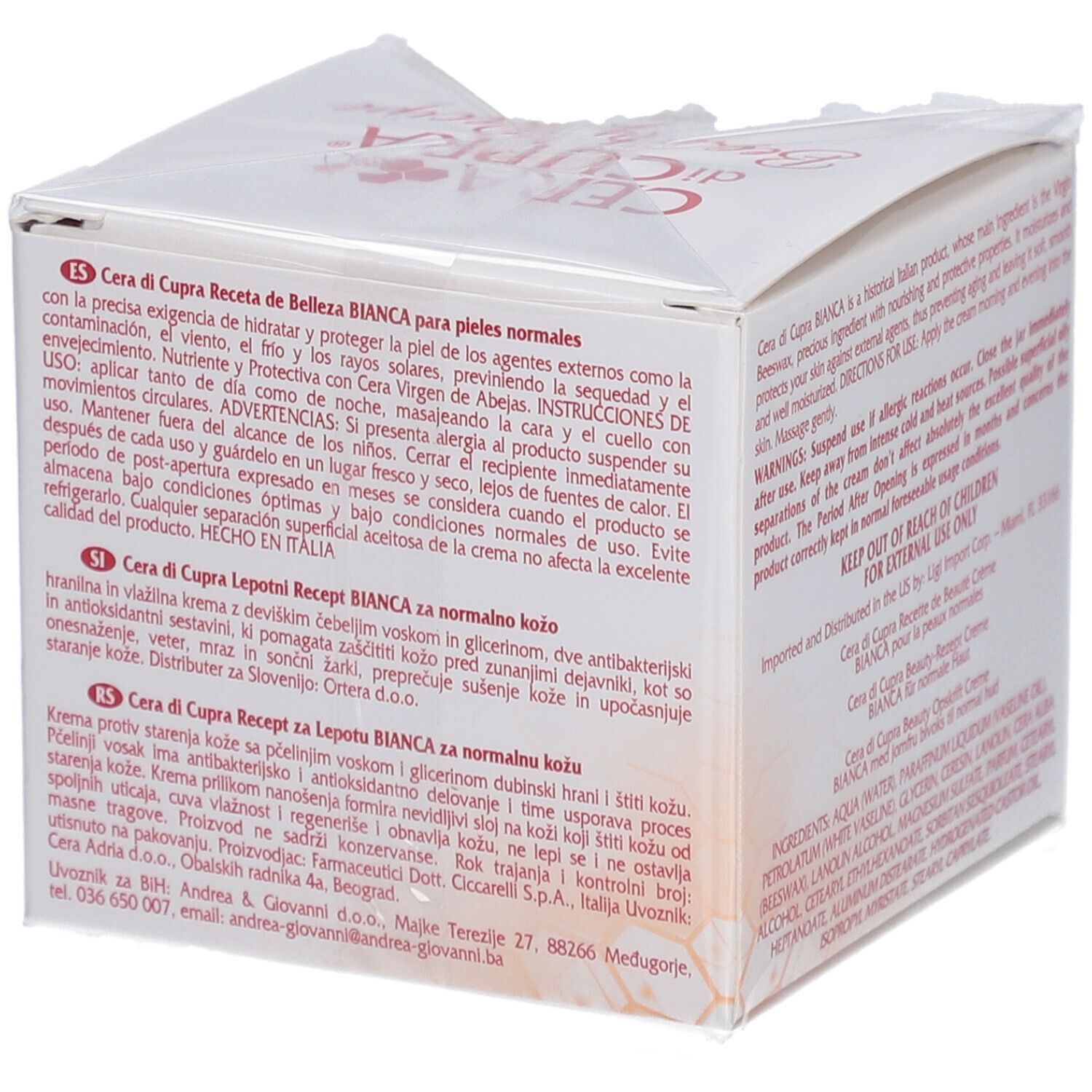 Weiße Faltschachtel mit Text in spanischer Sprache. Enthält Produktinformationen und Warnhinweise. Hergestellt in Italien.