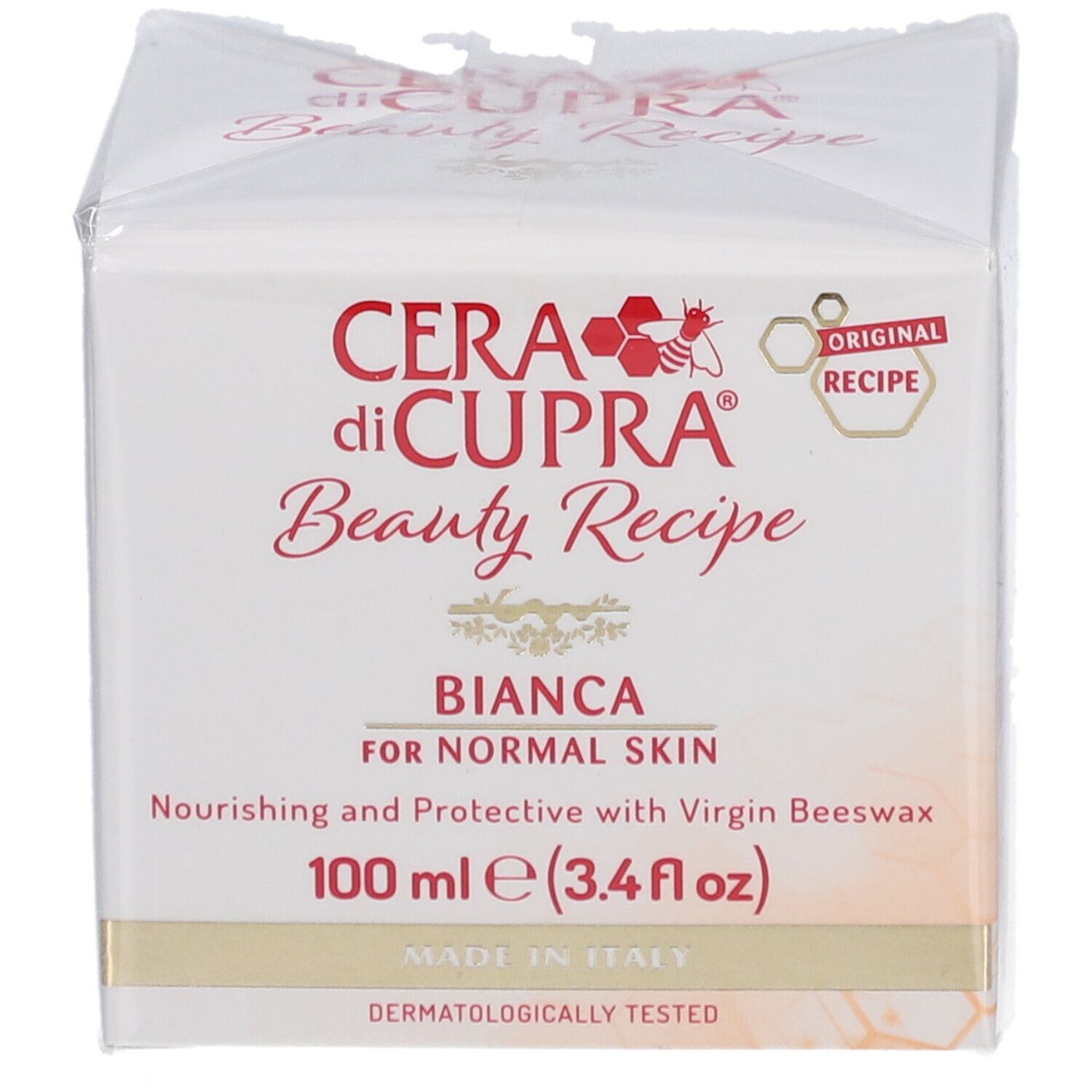 Weiße Faltschachtel mit Produktaufdruck. Aufschrift: Cera di Cupra Beauty Recipe Bianca, 100 ml. Hergestellt in Italien.