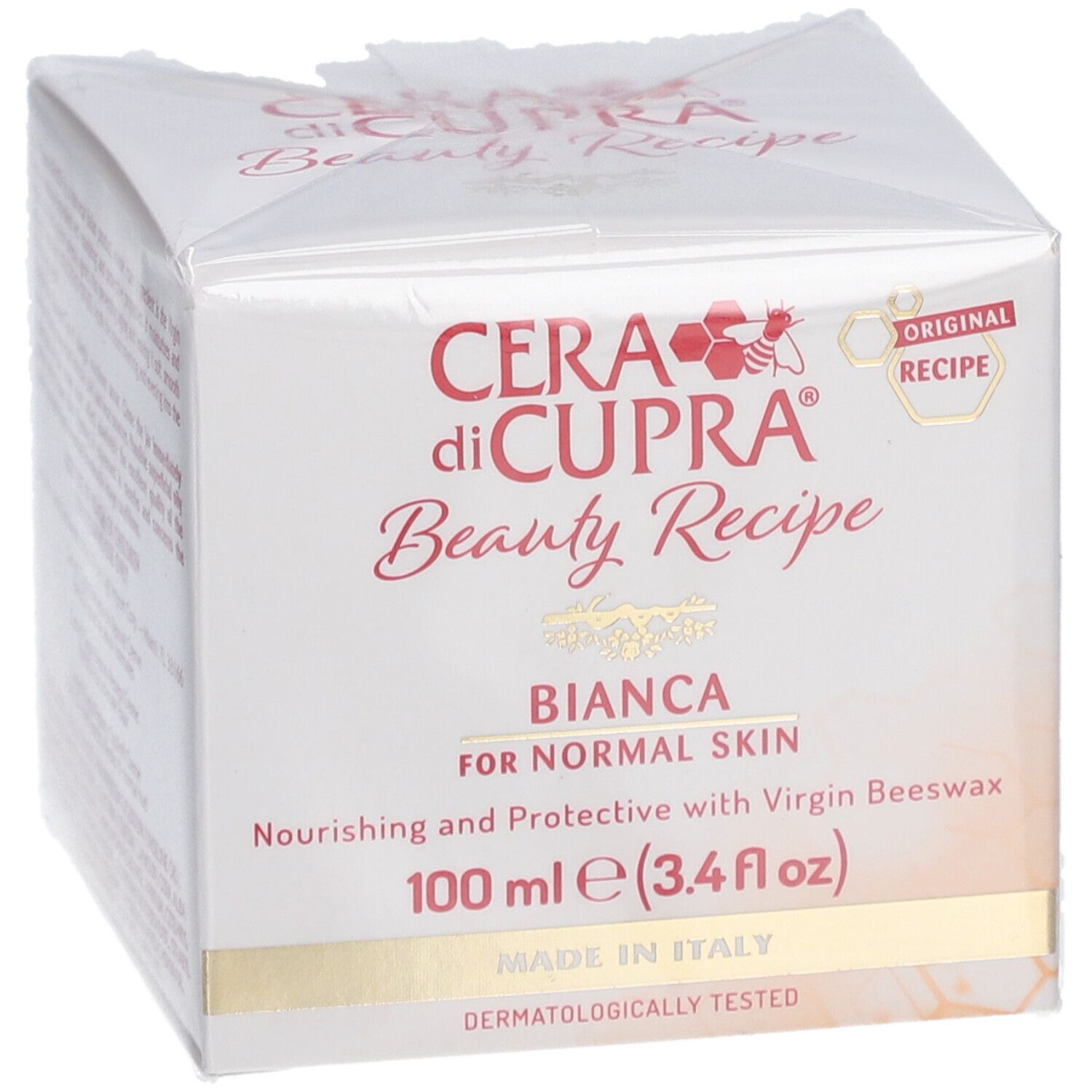 Weiße Faltschachtel mit Produktaufdruck. Aufschrift: Cera di Cupra Beauty Recipe Bianca, 100 ml. Hergestellt in Italien.
