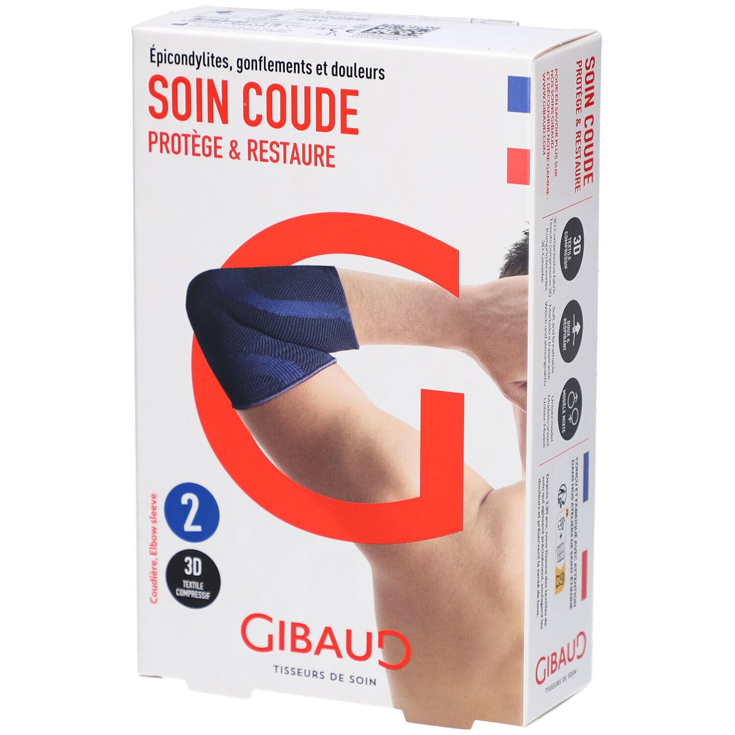 Boîte de protection du coude. Bandage bleu sur le bras. Texte: SOIN COUDE, GIBAUD.