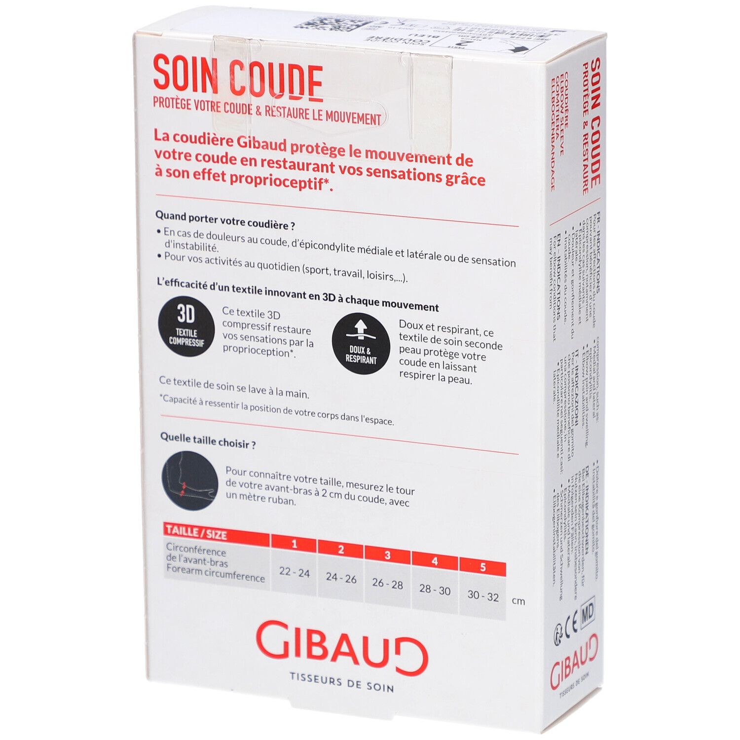 Emballage, dos. Texte: SOIN COUDE, GIBAUD. Tableau des tailles pour les coudières.