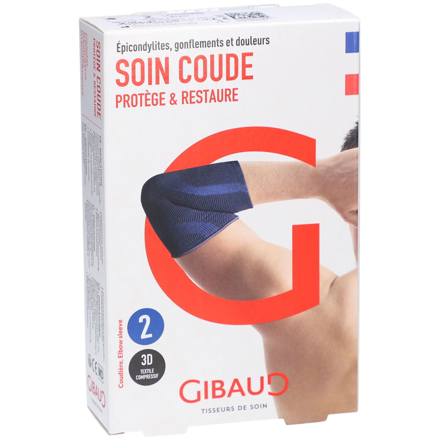 Boîte de protection du coude. Bandage bleu sur le bras. Texte: SOIN COUDE, GIBAUD.
