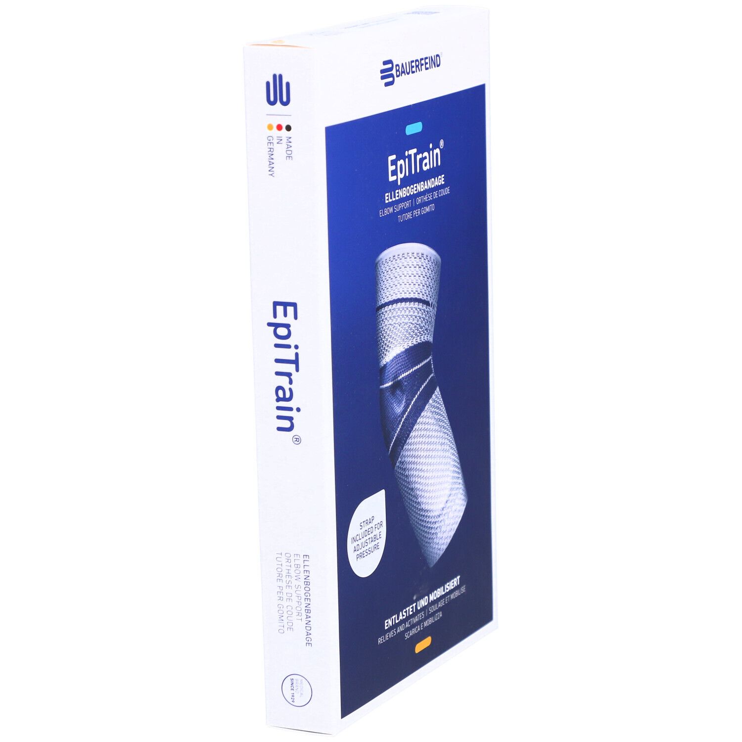 Bauerfeind EpiTrain Ellbogenorthese in Verpackung. Seitenansicht. Text: EpiTrain, Made in Germany. Größenangaben. Blau-weißes Design.
