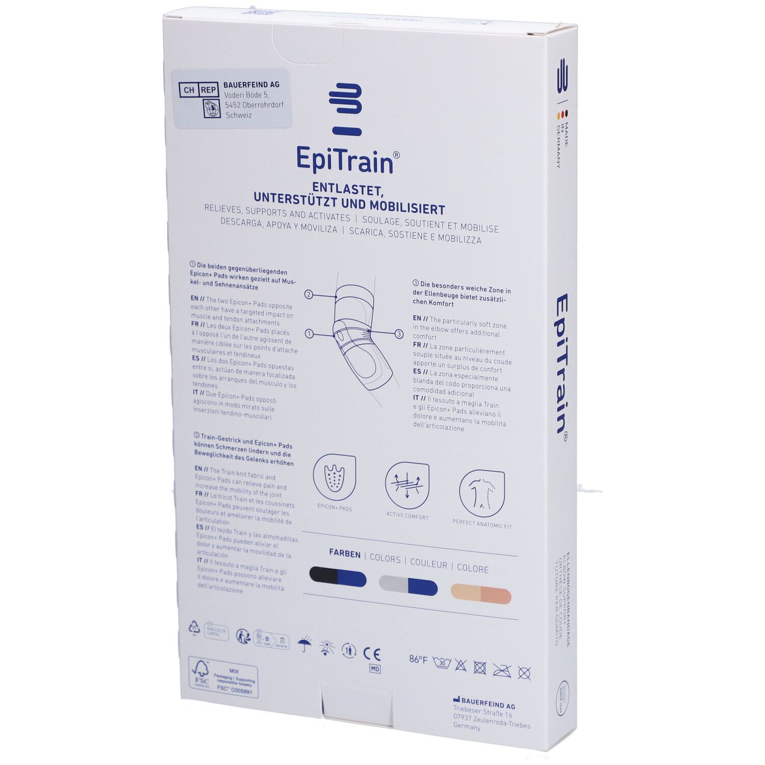Rückseite der Verpackung der Bauerfeind EpiTrain Ellbogenorthese. Produktabbildung, Größenangaben, Farbauswahl. Text: Entlastet, unterstützt und aktiviert.