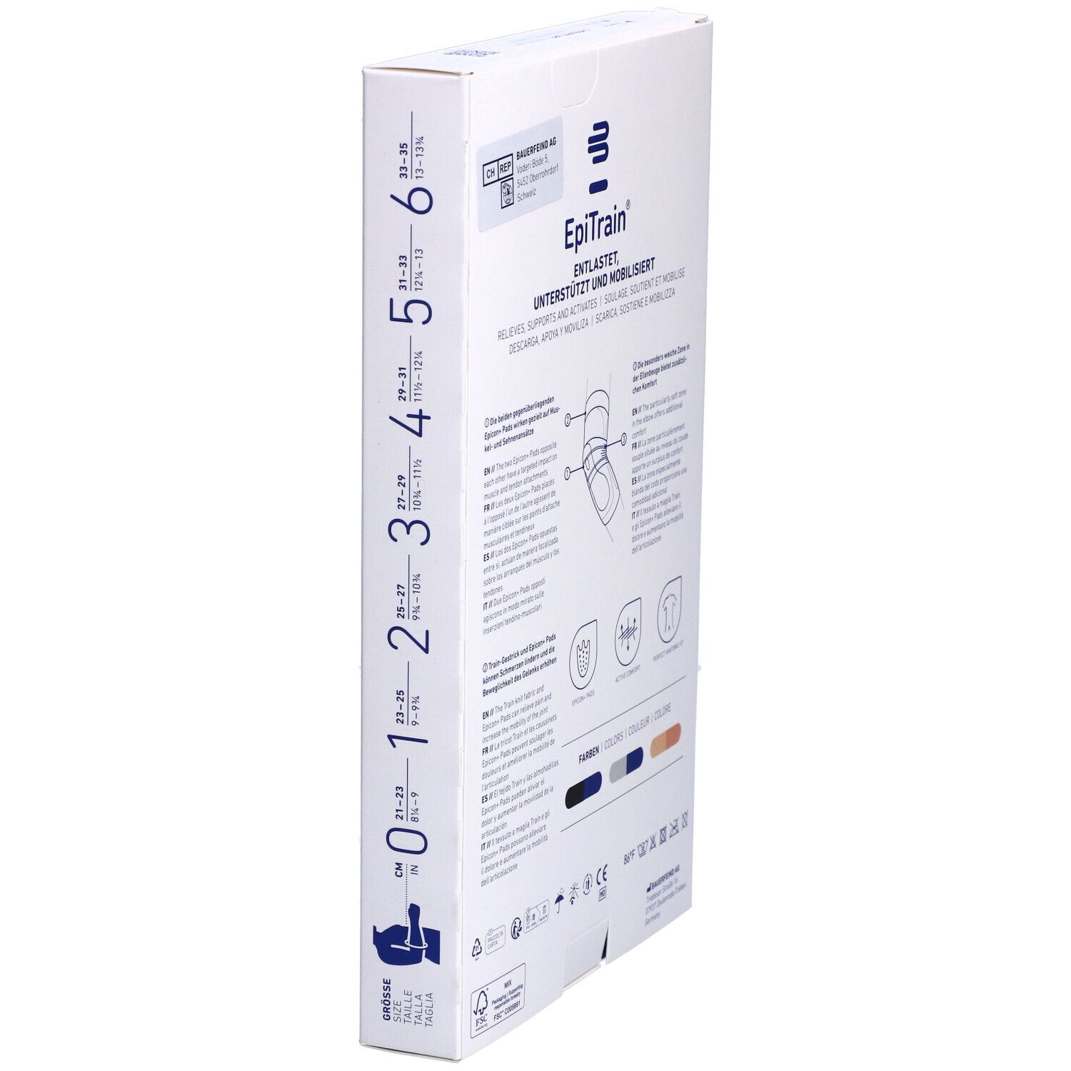 Seitenansicht der Verpackung der Bauerfeind EpiTrain Ellbogenorthese. Größenangaben, Produktabbildung. Text: Entlastet, unterstützt und aktiviert.