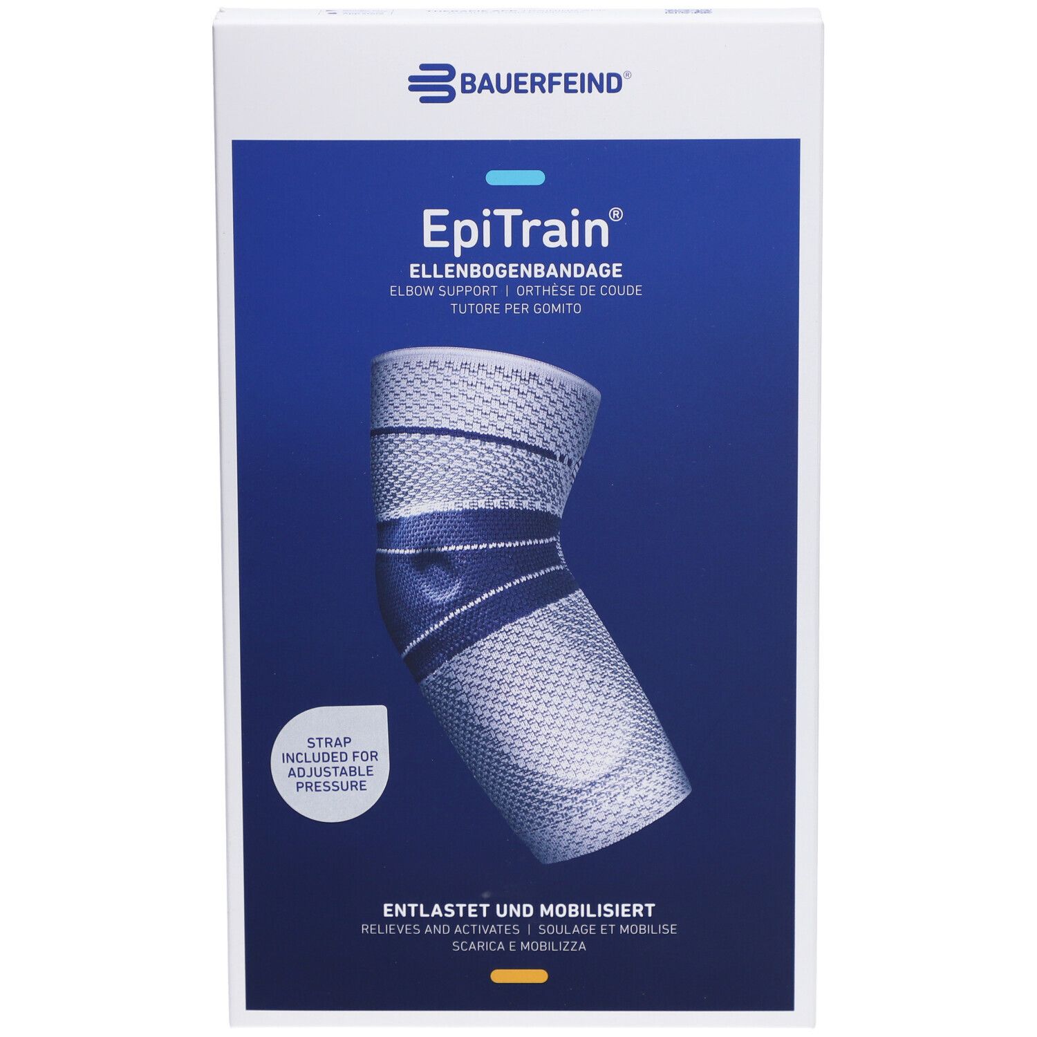 Bauerfeind EpiTrain Ellbogenorthese in Verpackung. Blau-weißes Design, Größenangaben. Text: Ellbogenbandage, entlastet und mobilisiert. Strap für Druck.