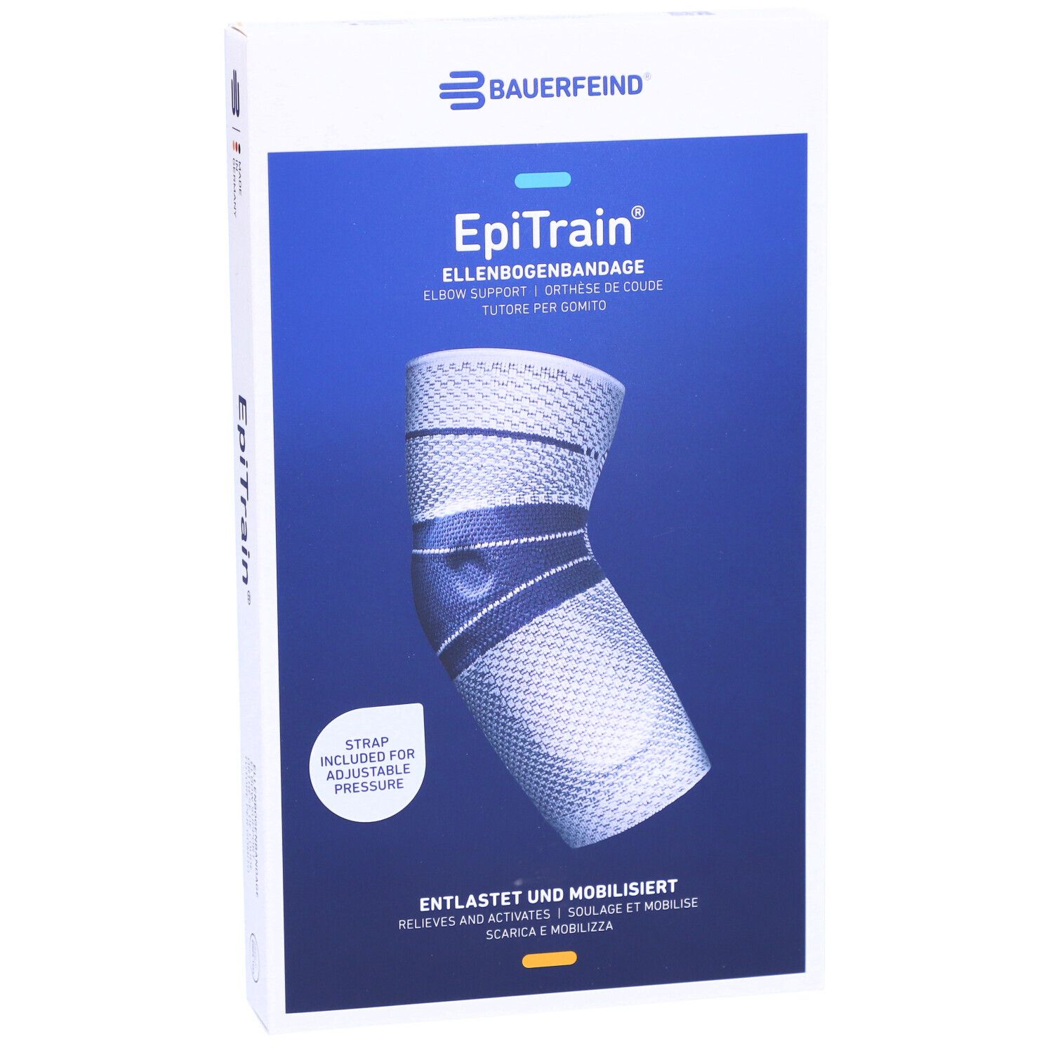 Bauerfeind EpiTrain Ellbogenorthese in Verpackung. Blau-weißes Design, Größenangaben. Text: Ellbogenbandage, entlastet und mobilisiert. Strap für Druck.