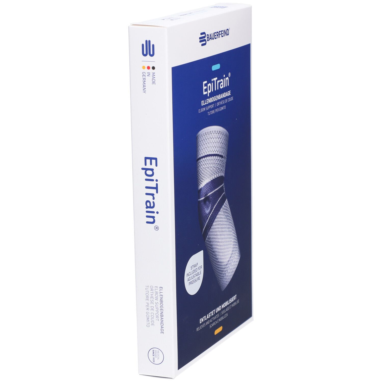 Verpackung der Bauerfeind EpiTrain Ellbogenbandage. Seite mit Produktname, Logo, und Text. Made in Germany. Größe 3.