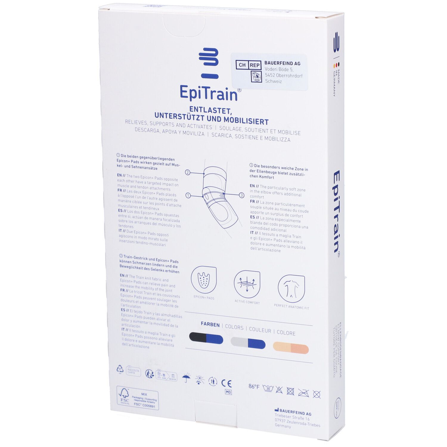 Rückseite der Verpackung der Bauerfeind EpiTrain Ellbogenbandage. Produktabbildung, Text, Größenangaben, Farben. CE-Kennzeichnung.