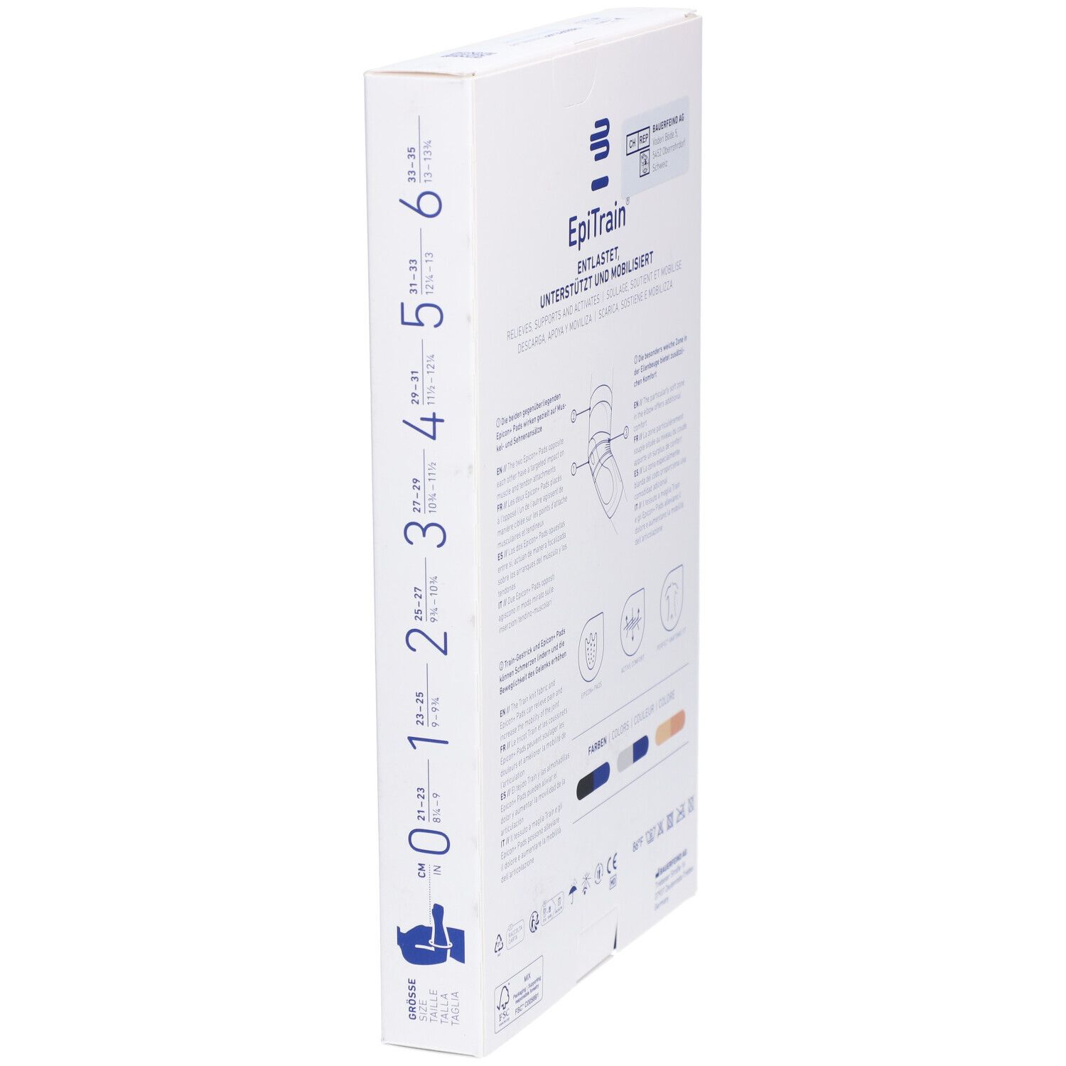 Seite der Verpackung der Bauerfeind EpiTrain Ellbogenbandage. Größenangaben, Produktabbildung, Text. CE-Kennzeichnung.
