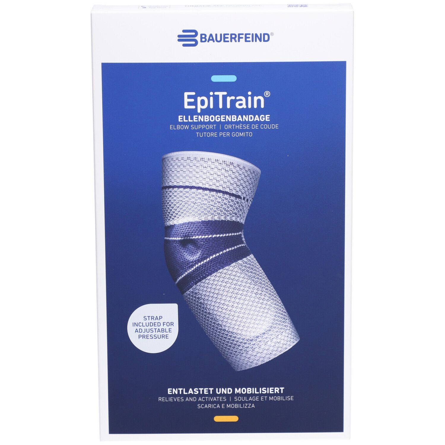 Bauerfeind EpiTrain Ellbogenbandage in Verpackung. Größe 3, Beige. Produktabbildung mit Text: Ellbogenbandage, Entlastet und mobilisiert.