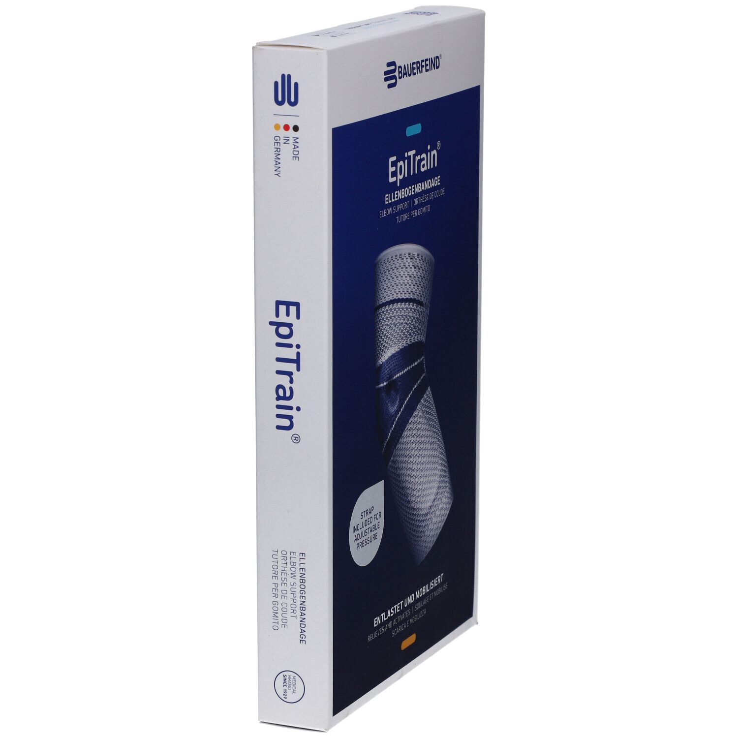 Seitenansicht der Verpackung der BAUERFEIND® EpiTrain® Ellbogenorthese. Produktname und Logo.