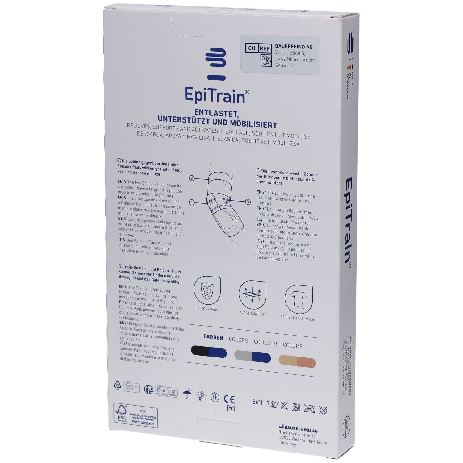 Rückseite der Verpackung der BAUERFEIND® EpiTrain® Ellbogenorthese. Produktinformationen und Logos.