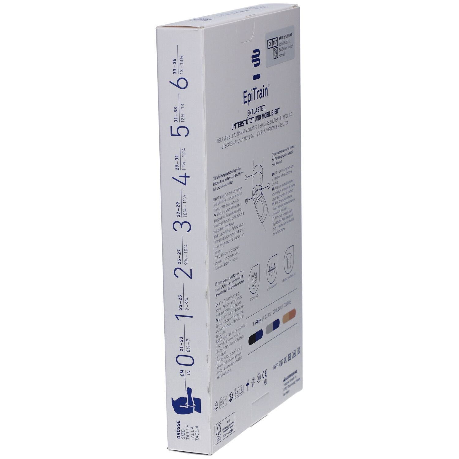 Seitenansicht der Verpackung der BAUERFEIND® EpiTrain® Ellbogenorthese. Größenangaben und Produktinformationen.