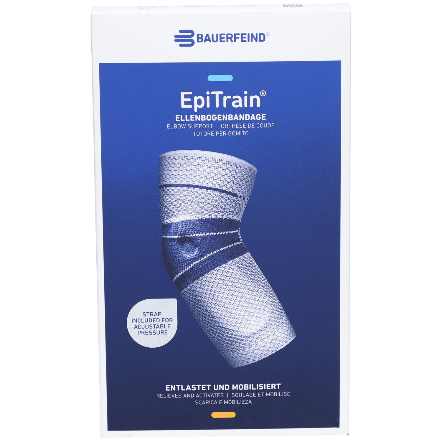 Vorderansicht der Verpackung der BAUERFEIND® EpiTrain® Ellbogenorthese. Produktabbildung und Produktname.