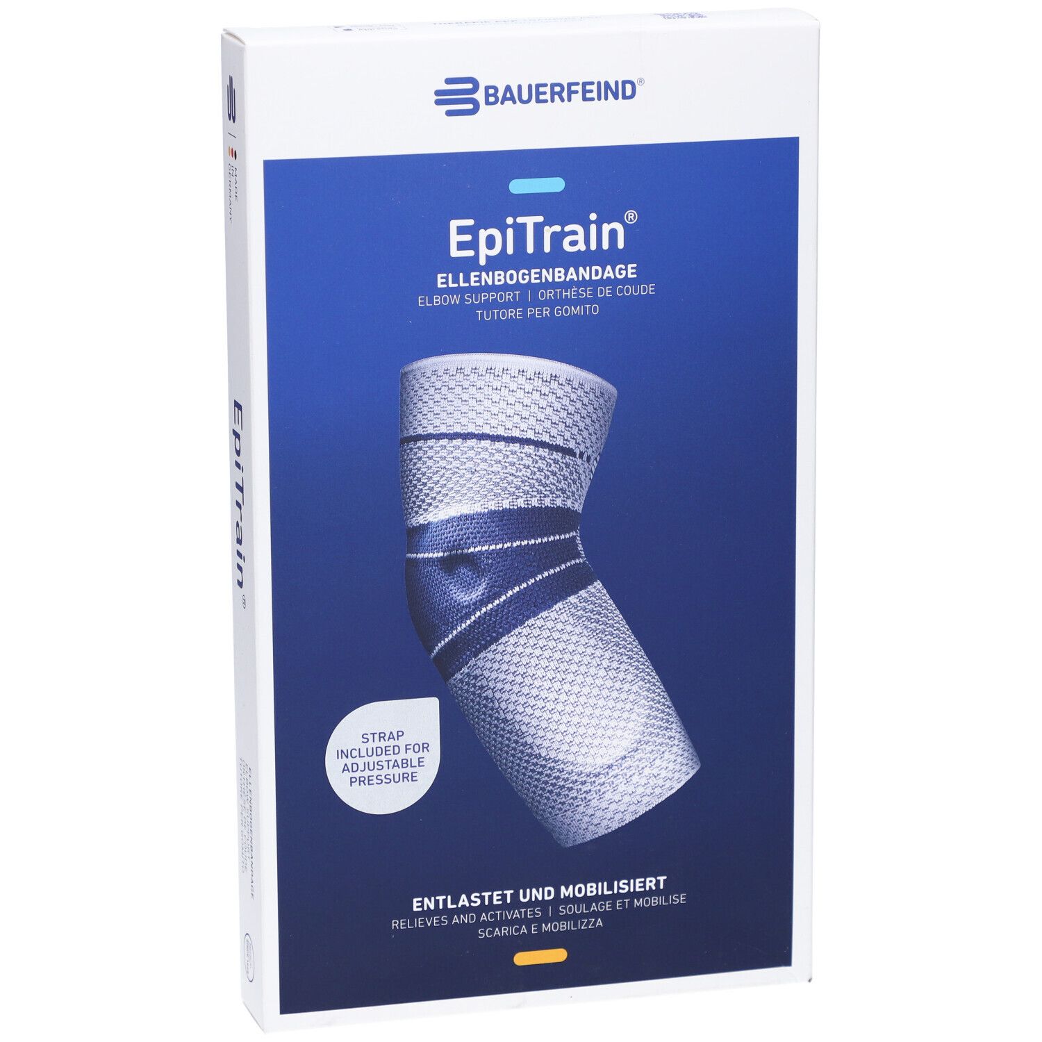 Vorderansicht der Verpackung der BAUERFEIND® EpiTrain® Ellbogenorthese. Produktabbildung und Produktname.