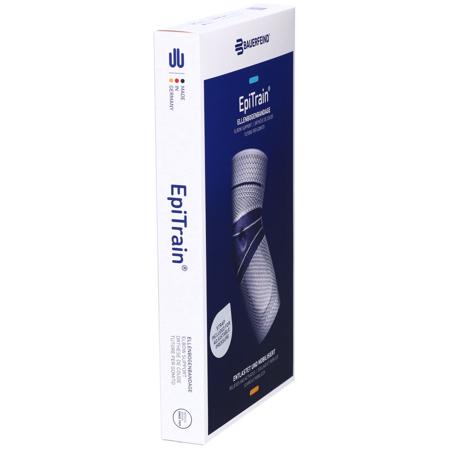 Bauerfeind EpiTrain Ellenbogenbandage in Verpackung. Seite. Text: EpiTrain, Made in Germany, entlastet und mobilisiert.