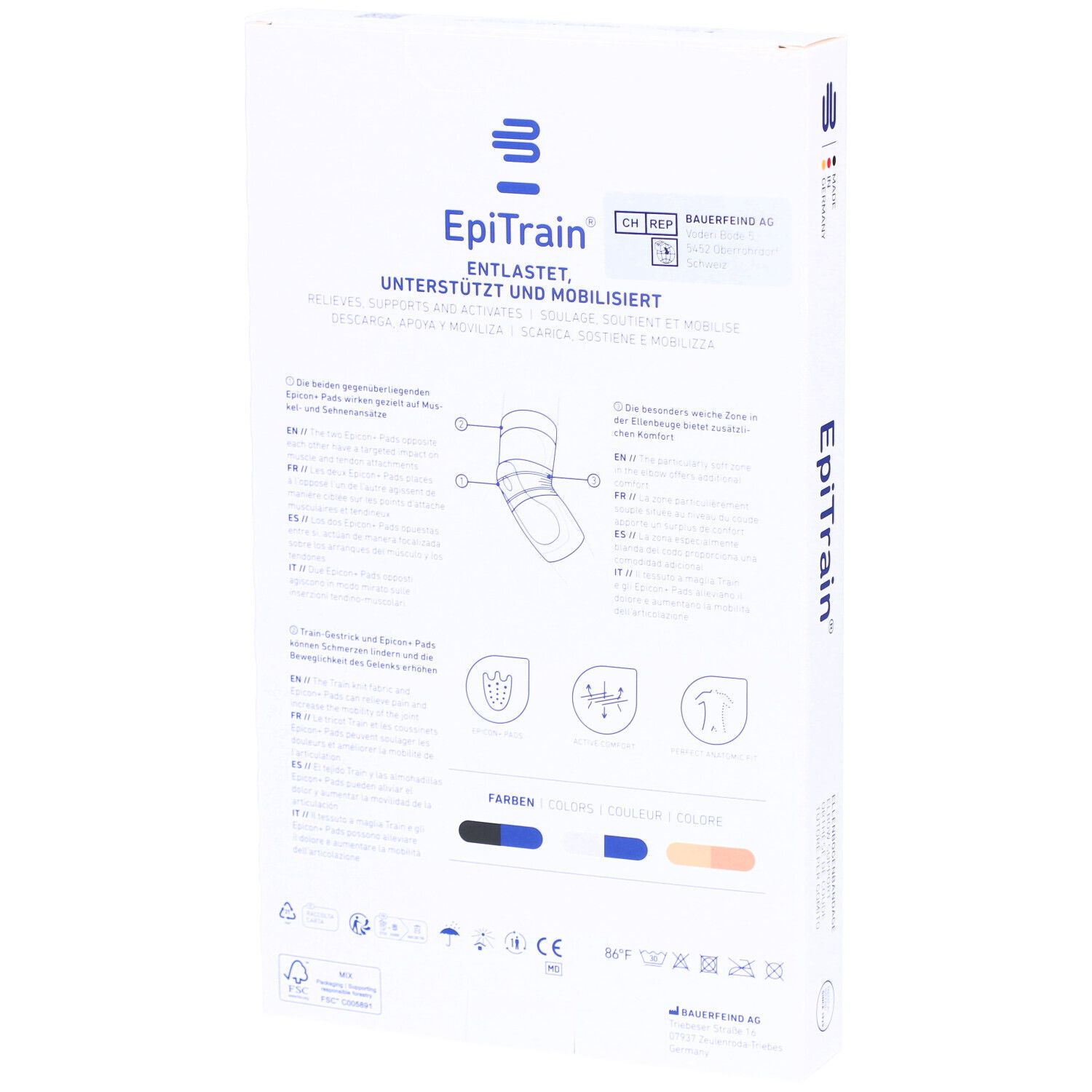 Rückseite der Verpackung der Bauerfeind EpiTrain Ellenbogenbandage. Text: EpiTrain, Illustrationen, Farben, CE-Kennzeichnung.