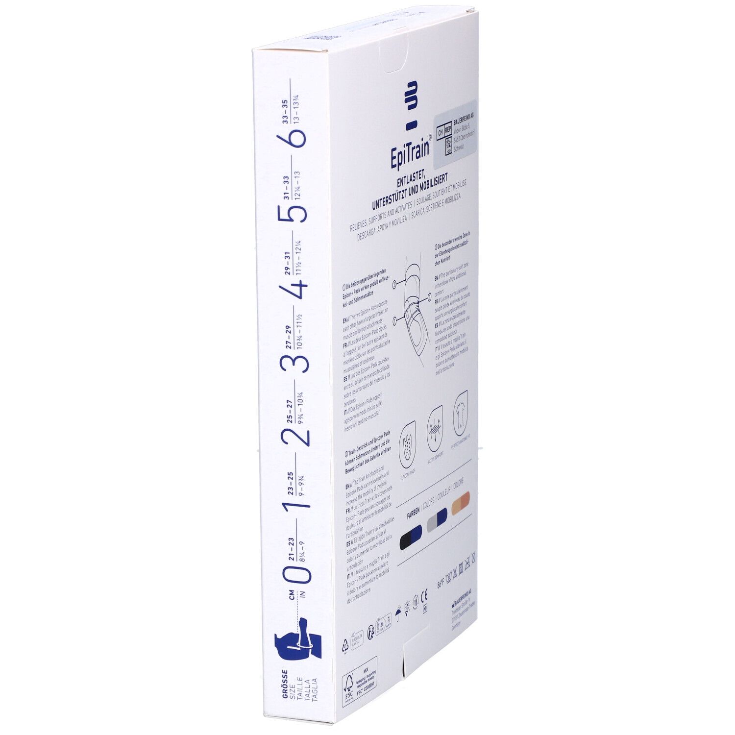 Seite der Verpackung der Bauerfeind EpiTrain Ellenbogenbandage. Größenangaben. Text: EpiTrain, Illustrationen, CE-Kennzeichnung.