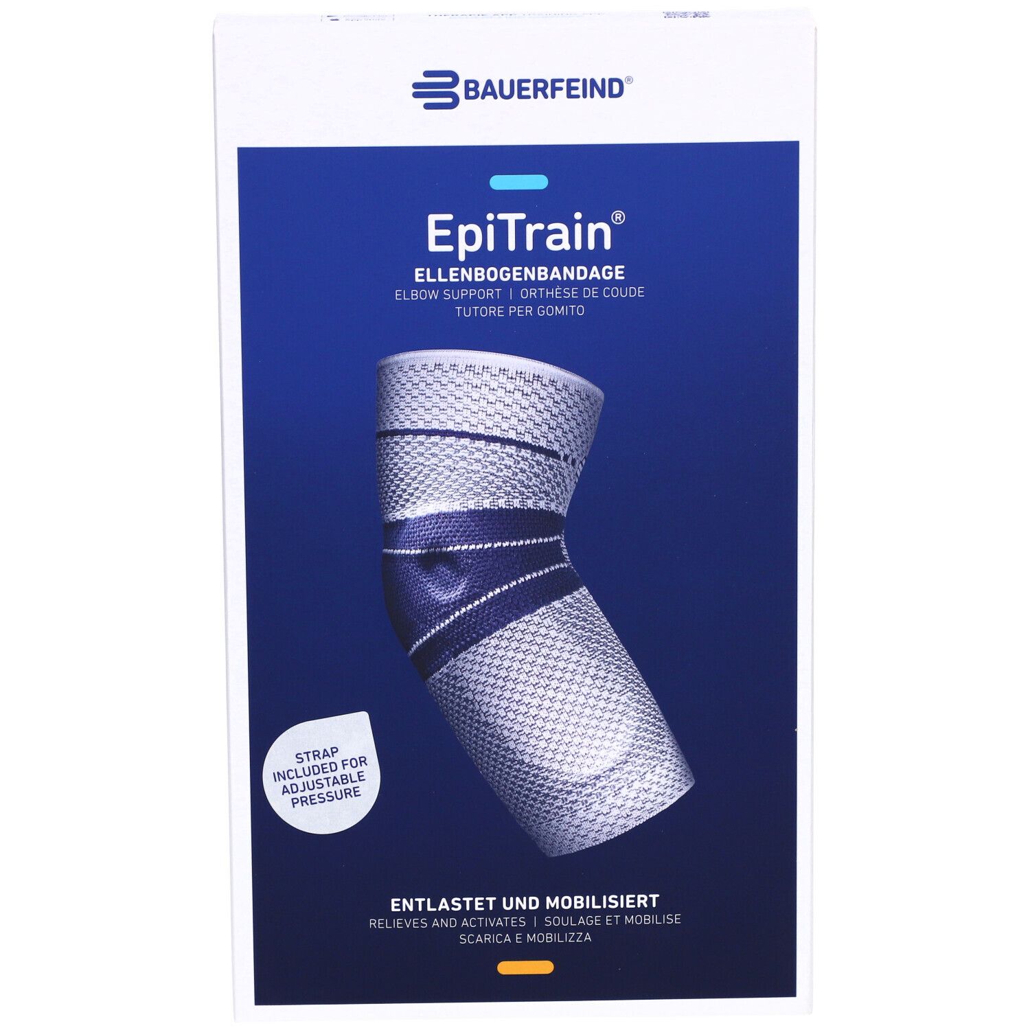 Bauerfeind EpiTrain Ellenbogenbandage in Verpackung. Blau-grau. Text: EpiTrain, Ellenbogenbandage, entlastet und mobilisiert.