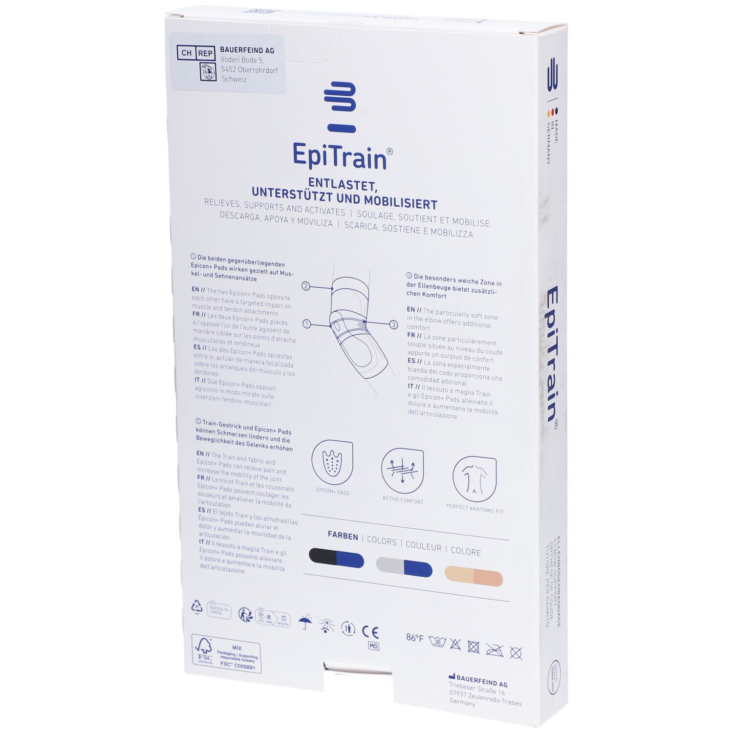 Dos de l'emballage Bauerfeind EpiTrain. Image du produit, nom du produit, description et indications de couleur.
