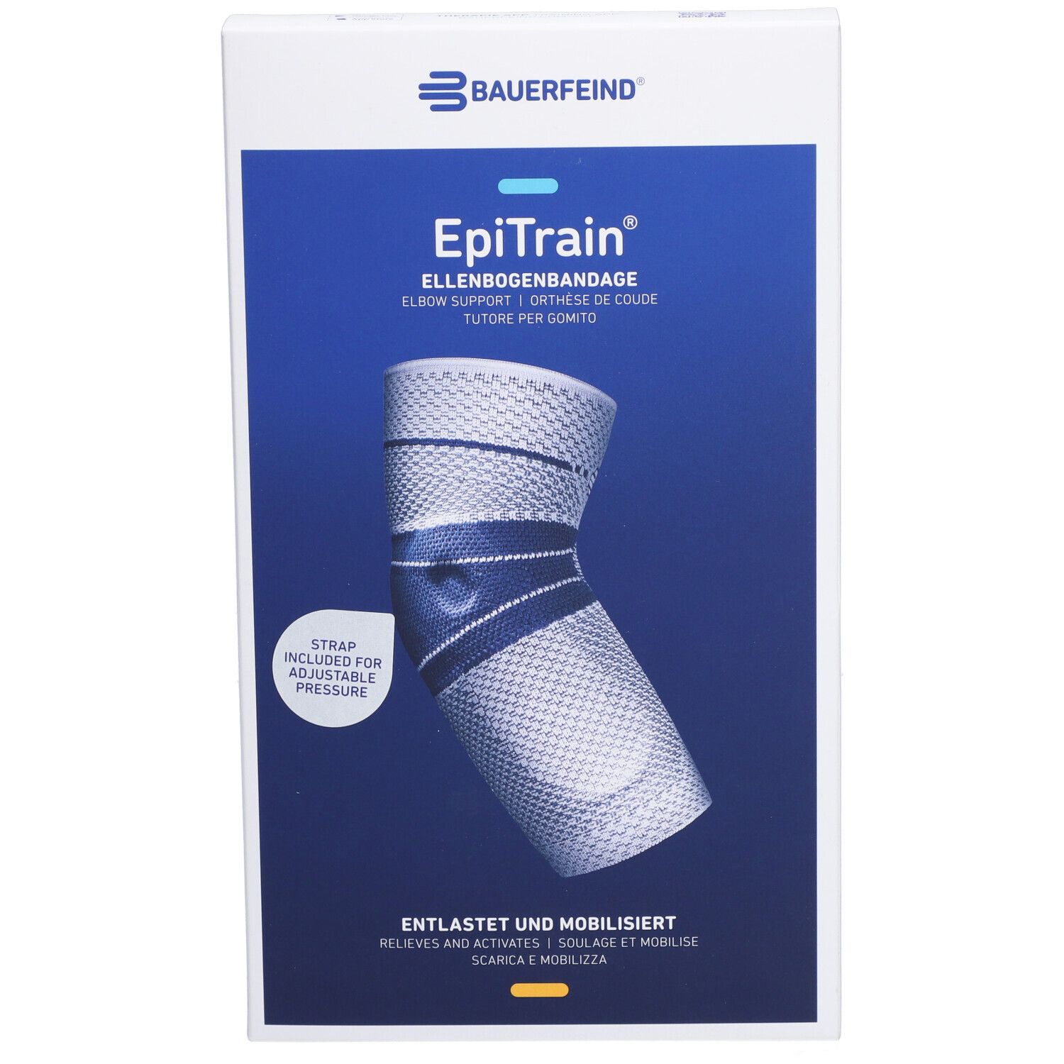 Bande de coude Bauerfeind EpiTrain en emballage. Image du produit avec des couleurs bleues et blanches.