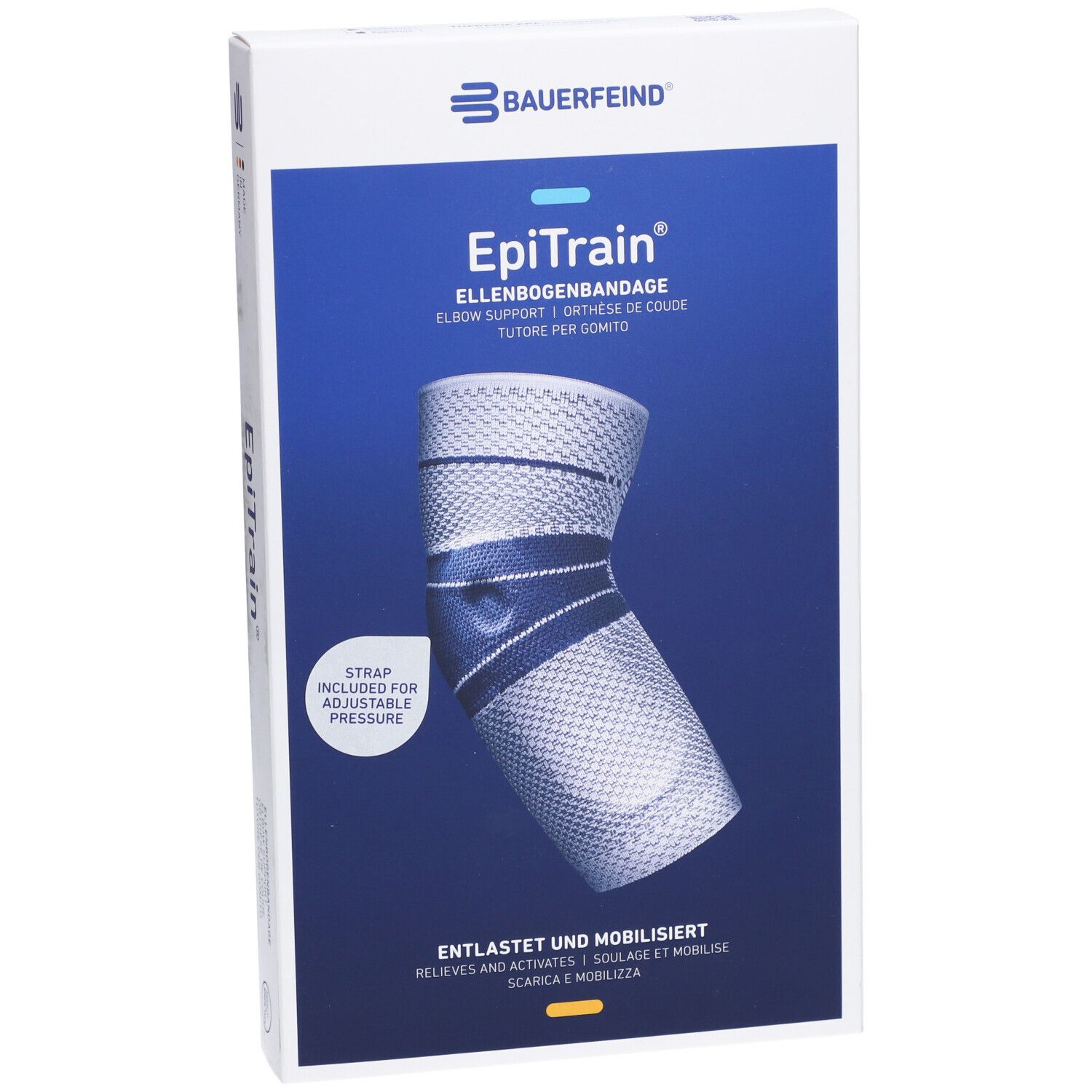 Bande de coude Bauerfeind EpiTrain en emballage. Image du produit avec des couleurs bleues et blanches.