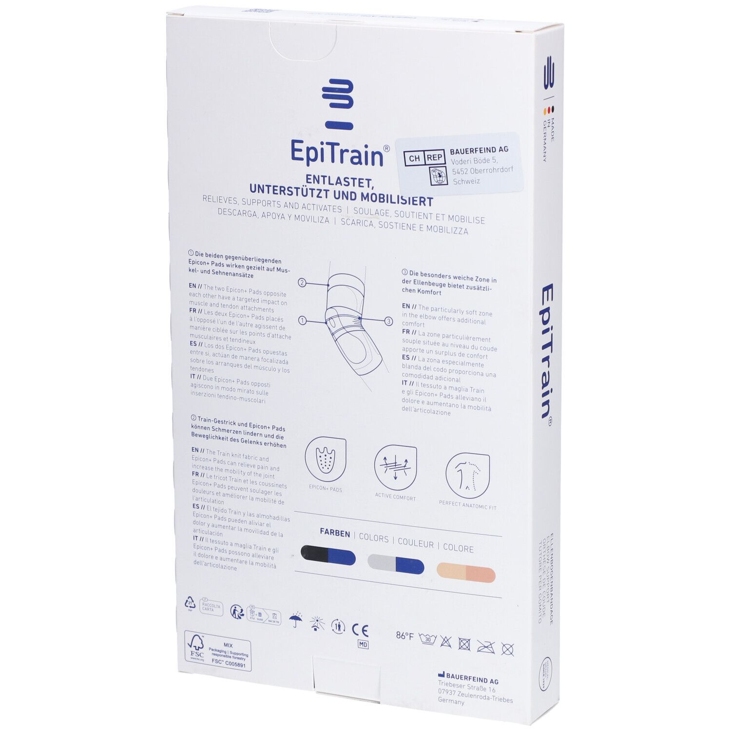 Dos de l'emballage de l'orthèse de coude BAUERFEIND® EpiTrain®. Informations sur le produit, indications de taille et sélection de couleurs.