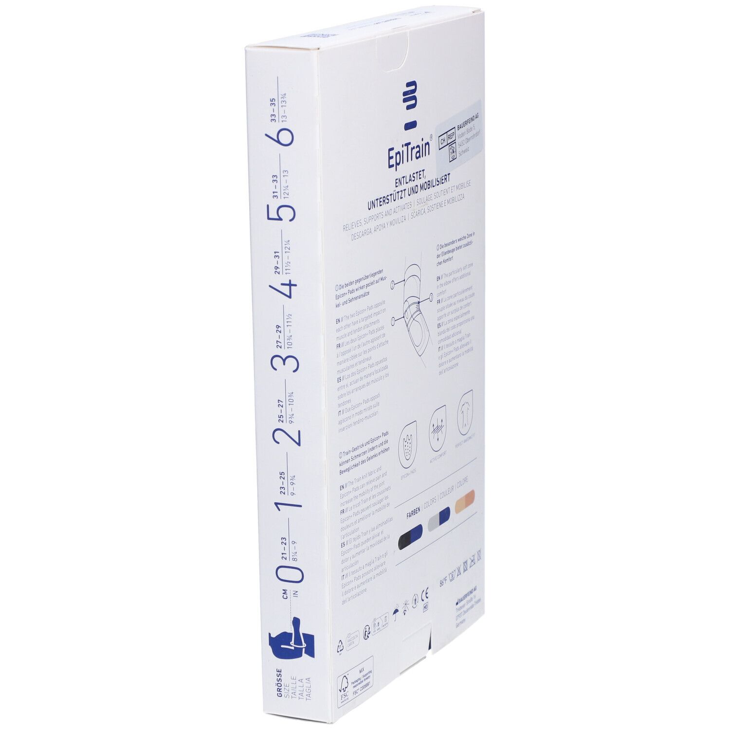Vue latérale de l'emballage de l'orthèse de coude BAUERFEIND® EpiTrain®. Indications de taille et informations sur le produit.