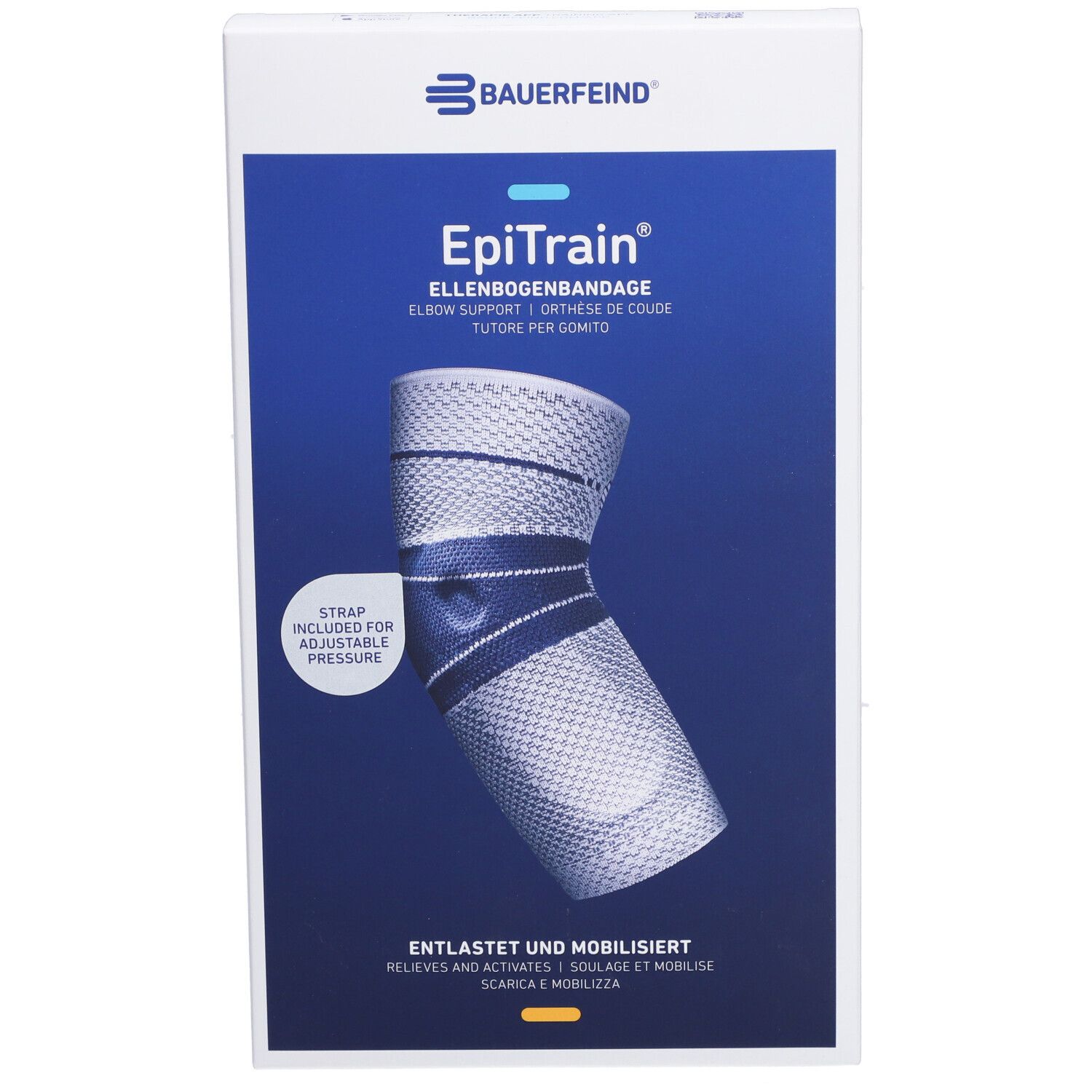 Emballage de l'orthèse de coude BAUERFEIND® EpiTrain®. Image du produit, indication de taille, logo de la marque et nom du produit.