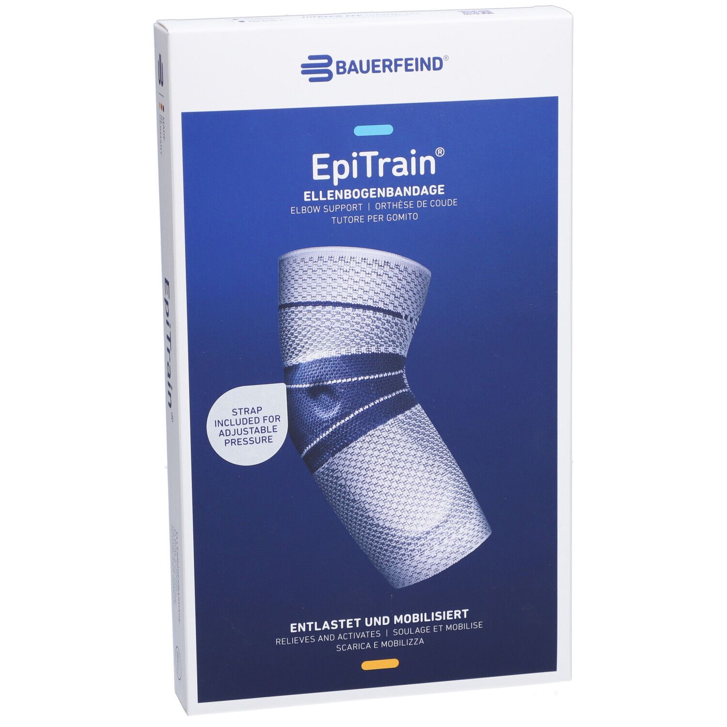 Emballage de l'orthèse de coude BAUERFEIND® EpiTrain®. Image du produit, indication de taille, logo de la marque et nom du produit.