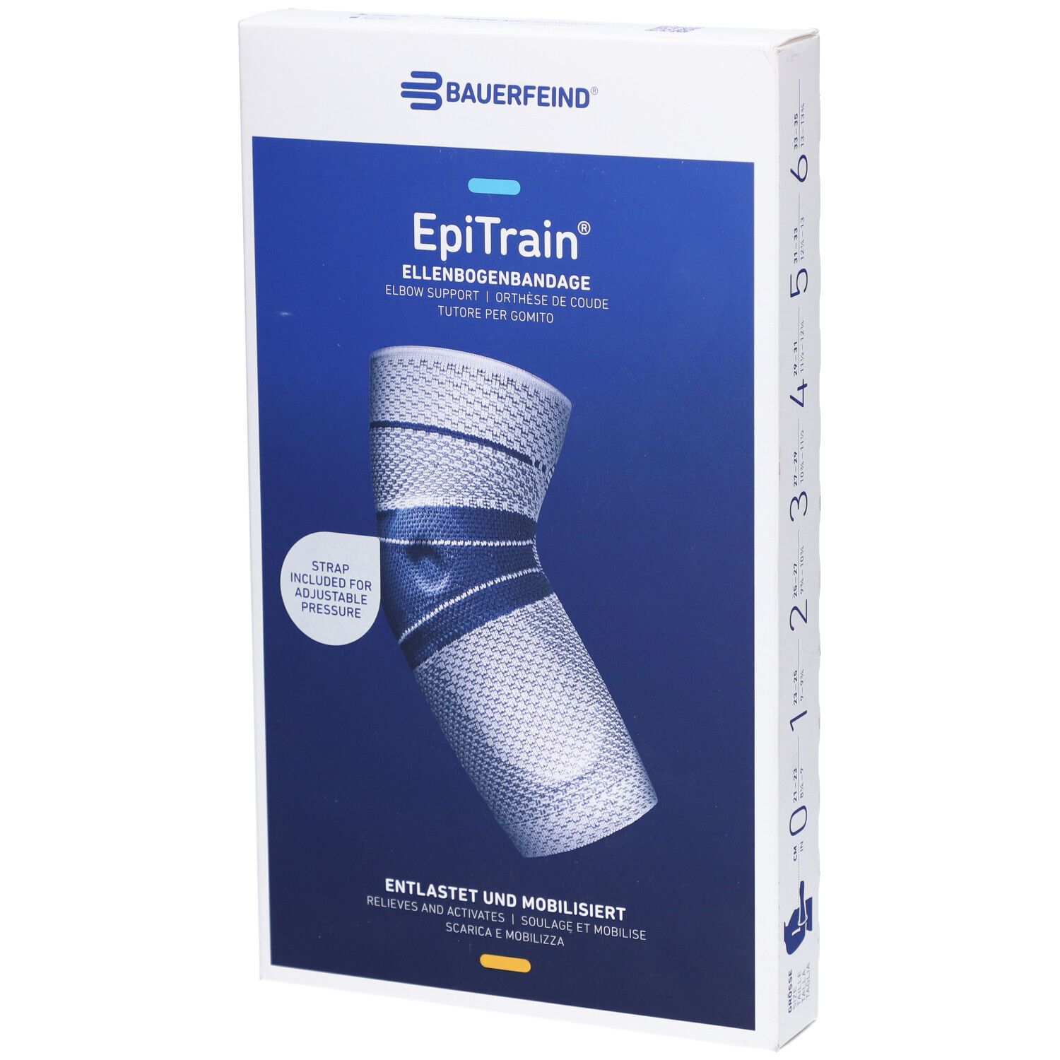 Verpackung der BAUERFEIND® EpiTrain® Ellenbogenorthese. Produktabbildung, Text: EpiTrain, Ellenbogenbandage, Entlastet und mobilisiert.