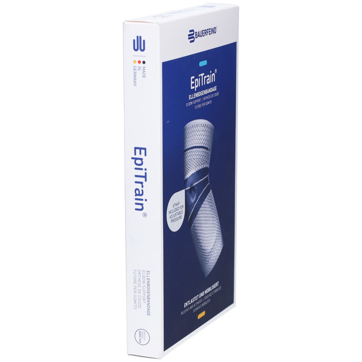 Schmale Verpackung der BAUERFEIND® EpiTrain® Ellenbogenorthese. Produktabbildung, Text: EpiTrain, Made in Germany.