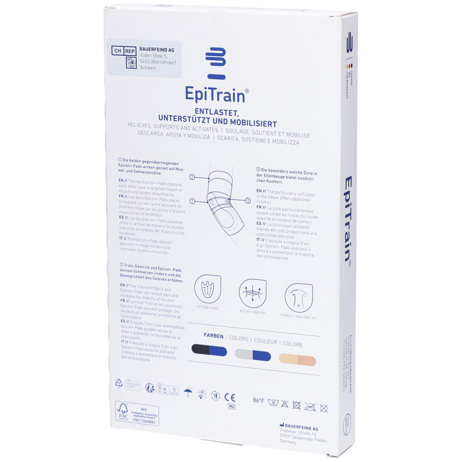 Rückseite der Verpackung der BAUERFEIND® EpiTrain® Ellenbogenorthese. Produktinformationen, Größenangaben, Farben.