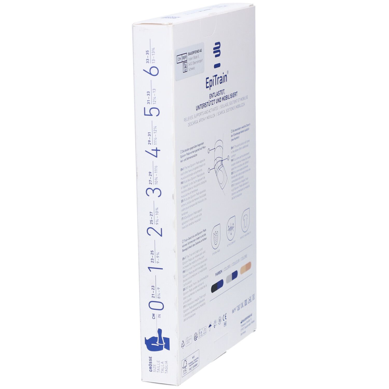 Schmale Verpackung der BAUERFEIND® EpiTrain® Ellenbogenorthese. Größenangaben, Text: EpiTrain, Unterstützt und mobilisiert.