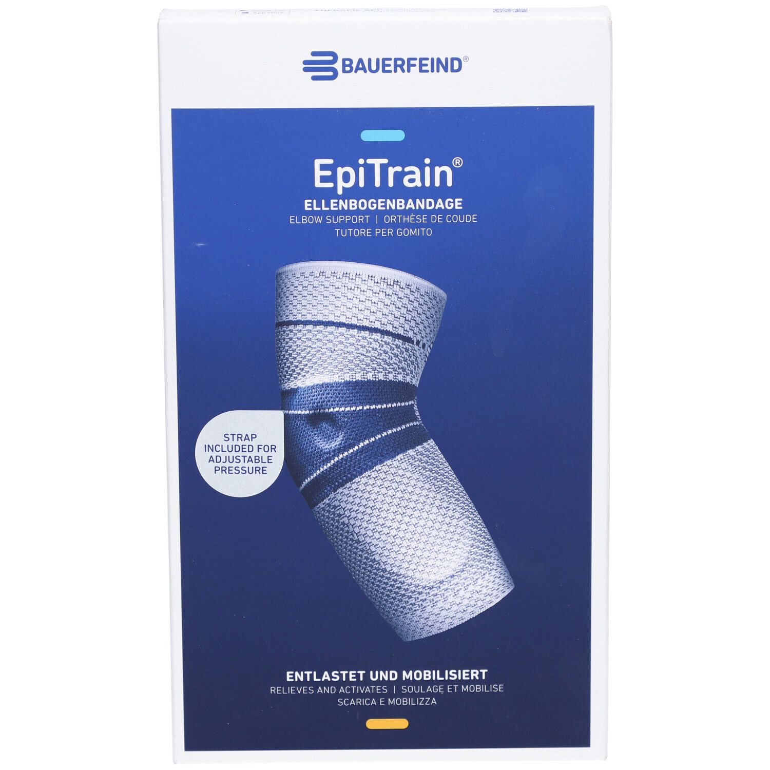 Verpackung der BAUERFEIND® EpiTrain® Ellenbogenorthese. Produktabbildung, Text: EpiTrain, Ellenbogenbandage, Entlastet und mobilisiert.