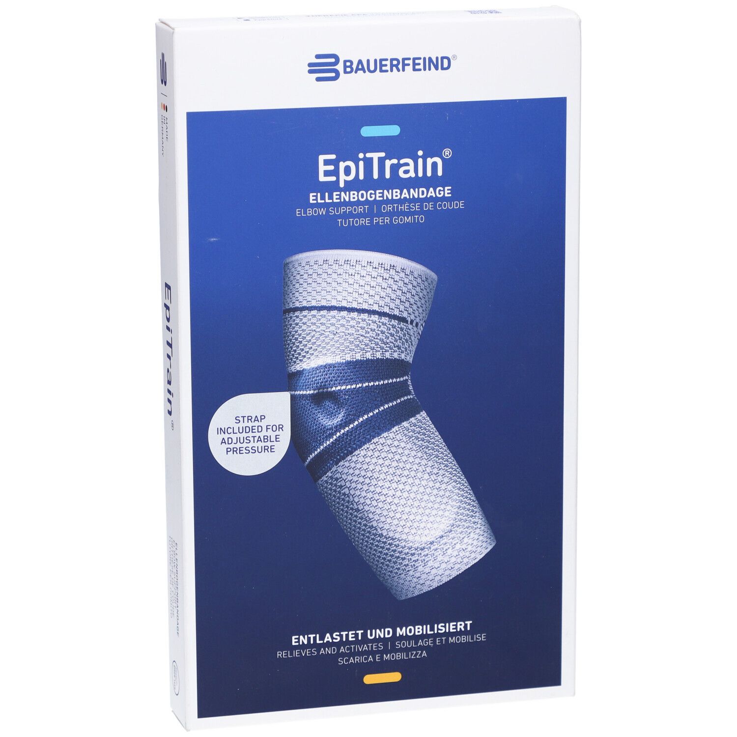 Verpackung der BAUERFEIND® EpiTrain® Ellenbogenorthese. Produktabbildung, Text: EpiTrain, Ellenbogenbandage, Entlastet und mobilisiert.