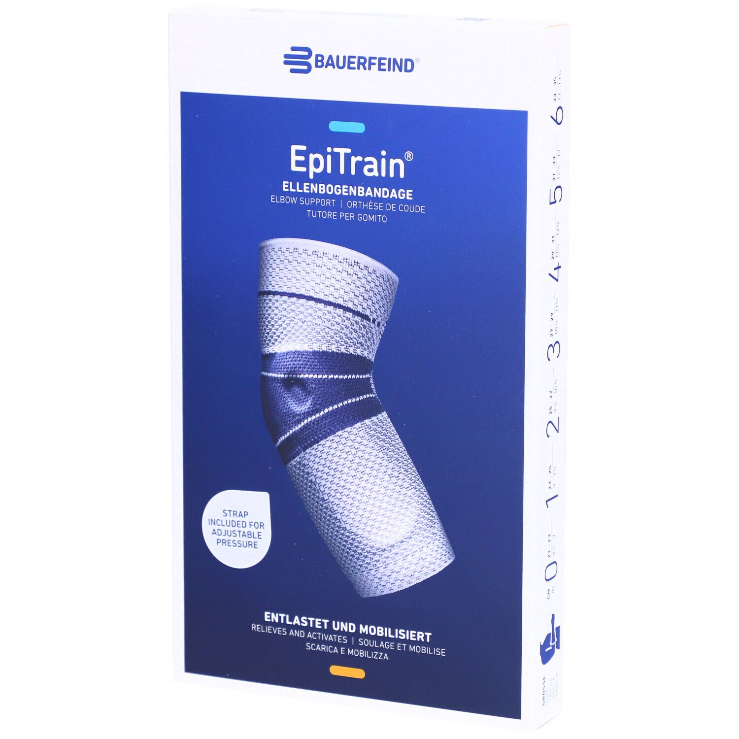 Bauerfeind EpiTrain Ellenbogenbandage in Verpackung. Größe 6. Blau-weißes Design. Text: Entlastet und mobilisiert.