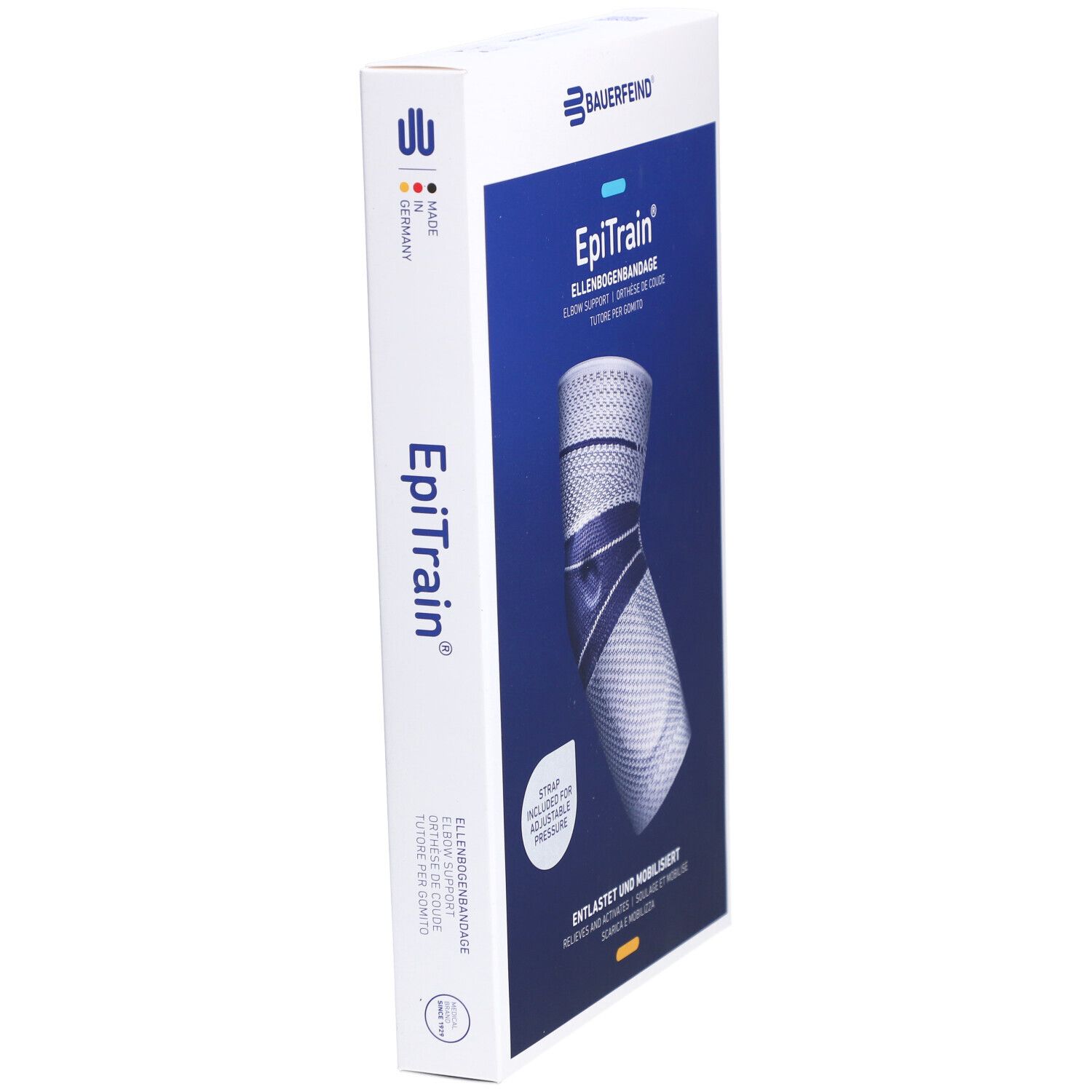 Verpackung der Bauerfeind EpiTrain Ellenbogenbandage. Produktansicht von der Seite. Text: EpiTrain, Made in Germany.