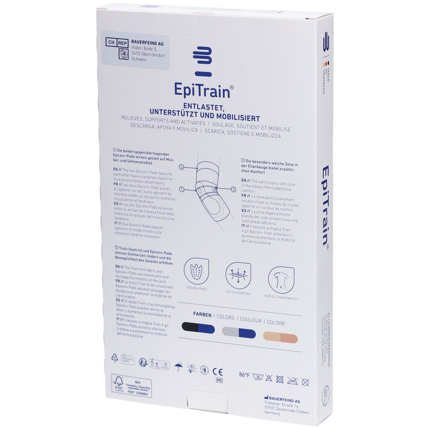 Rückseite der Bauerfeind EpiTrain Verpackung. Produktabbildung und Informationen. Text: Entlastet, unterstützt und mobilisiert.