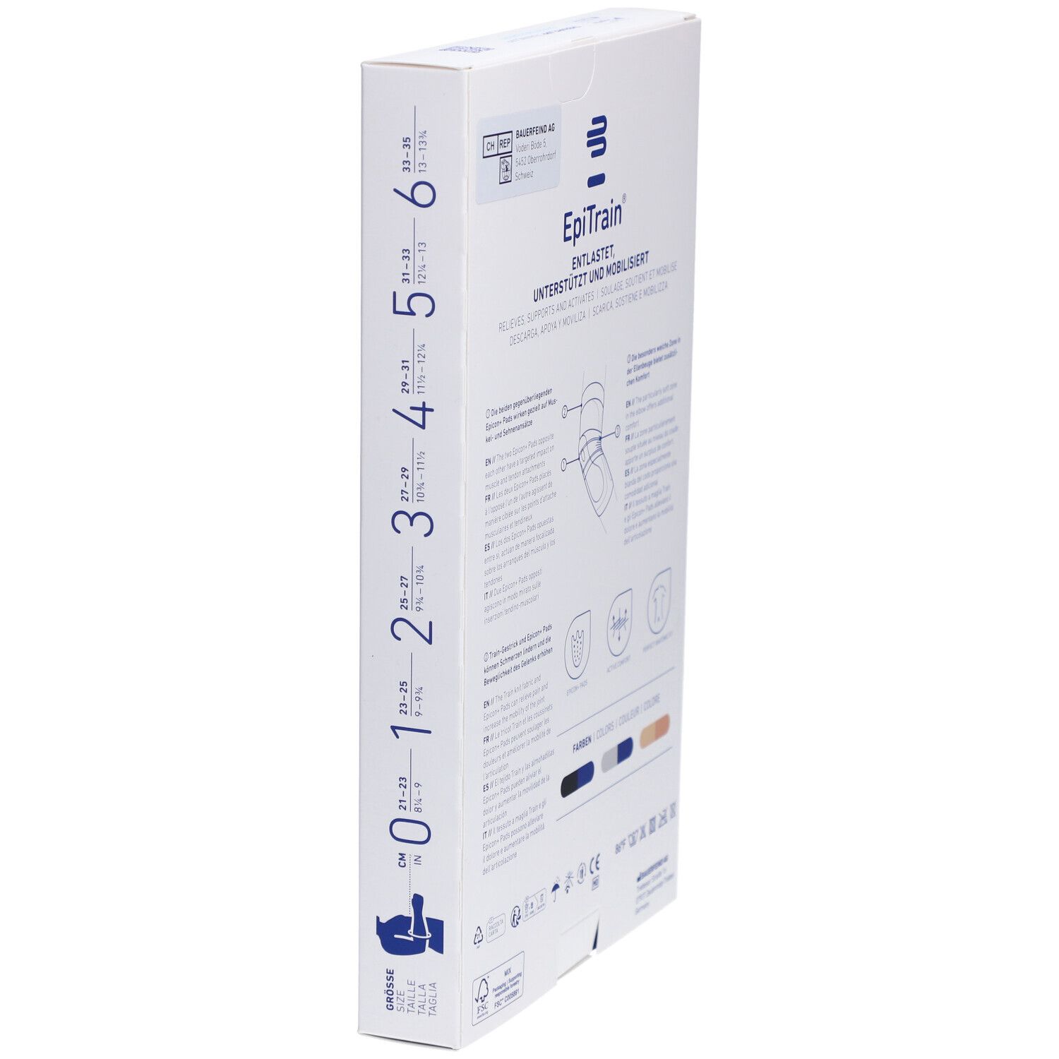Seite der Bauerfeind EpiTrain Verpackung. Größenangaben und Produktinformationen. Text: EpiTrain, Größe 0-6.